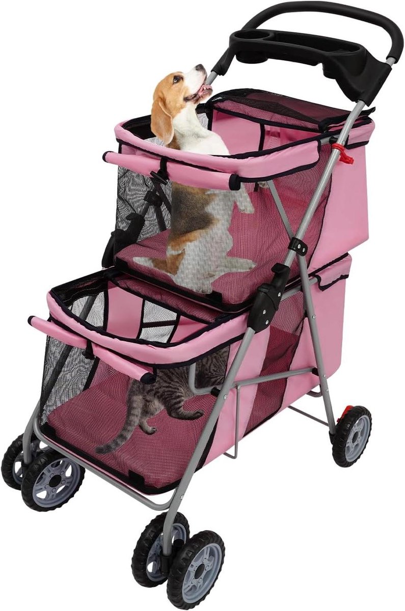 Dierenbuggy - Hondenkar - Comfortabel Reizen - Dubbele Compartimenten - Tot 20 kg - Roze