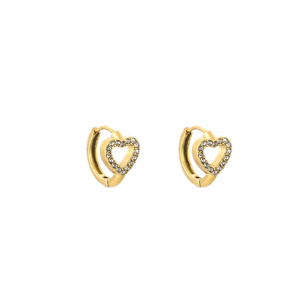 Stainless Steel Open Heart Pavé Zirconia Huggie Hoops – Luxe Opengewerkt Hart Pavé Zirkonia Huggie Oorringen – RVS - Goud