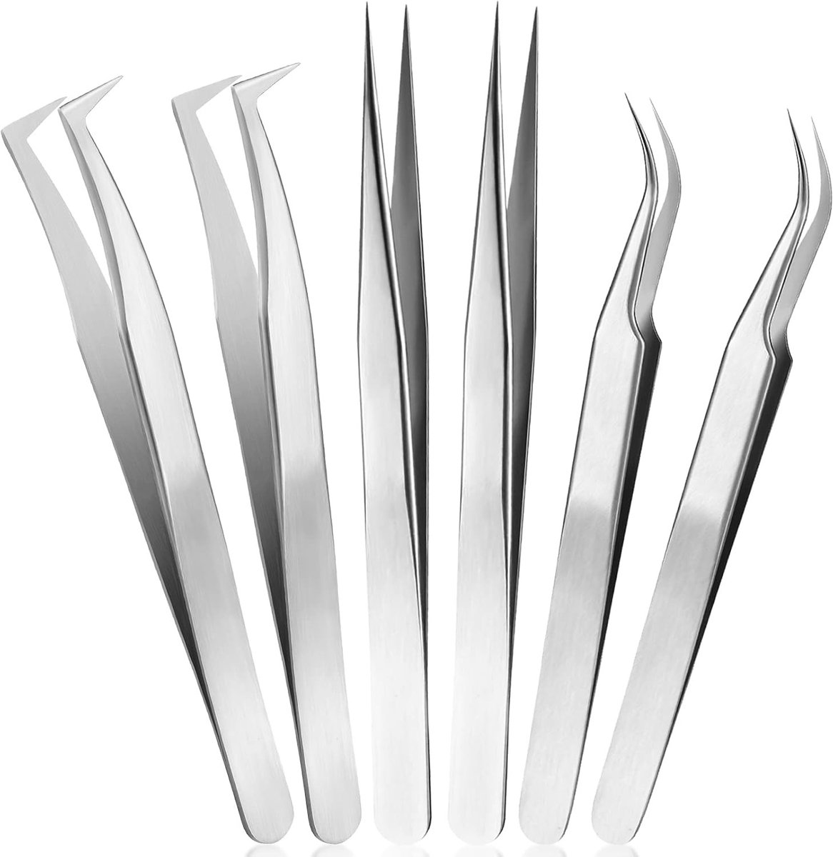 Set van 6 hoogwaardige pincetten voor wimperextensions, recht en gebogen, ideaal voor volume en isolatie