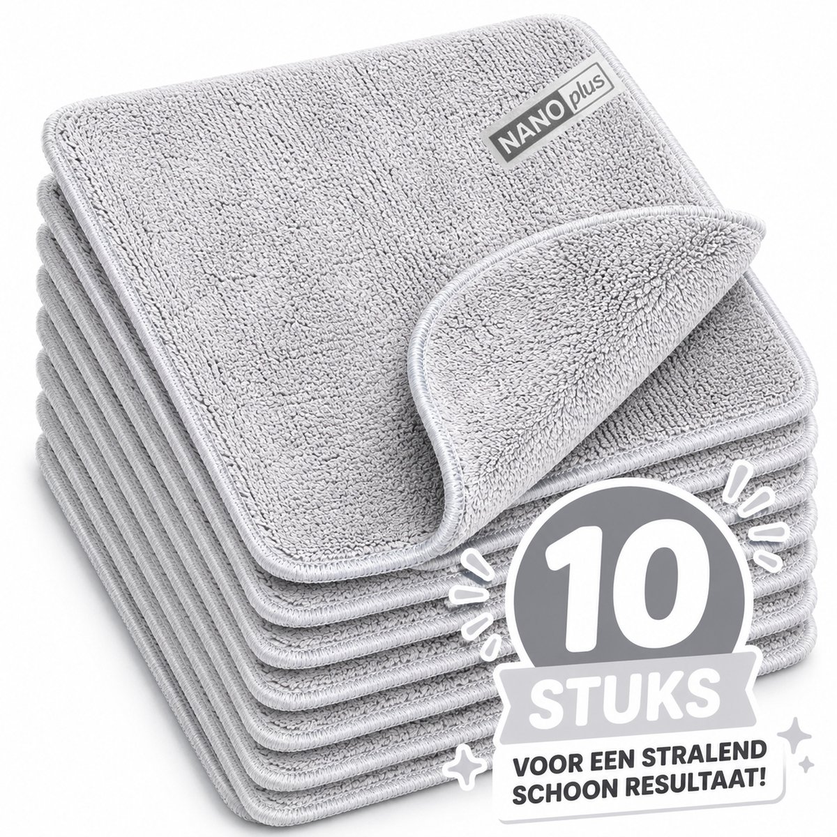 NanoPlus Vaatdoek 10 Stuks Grijs 36x31 cm – Nanovezel Schoonmaakdoek voor Keuken, Glas & RVS