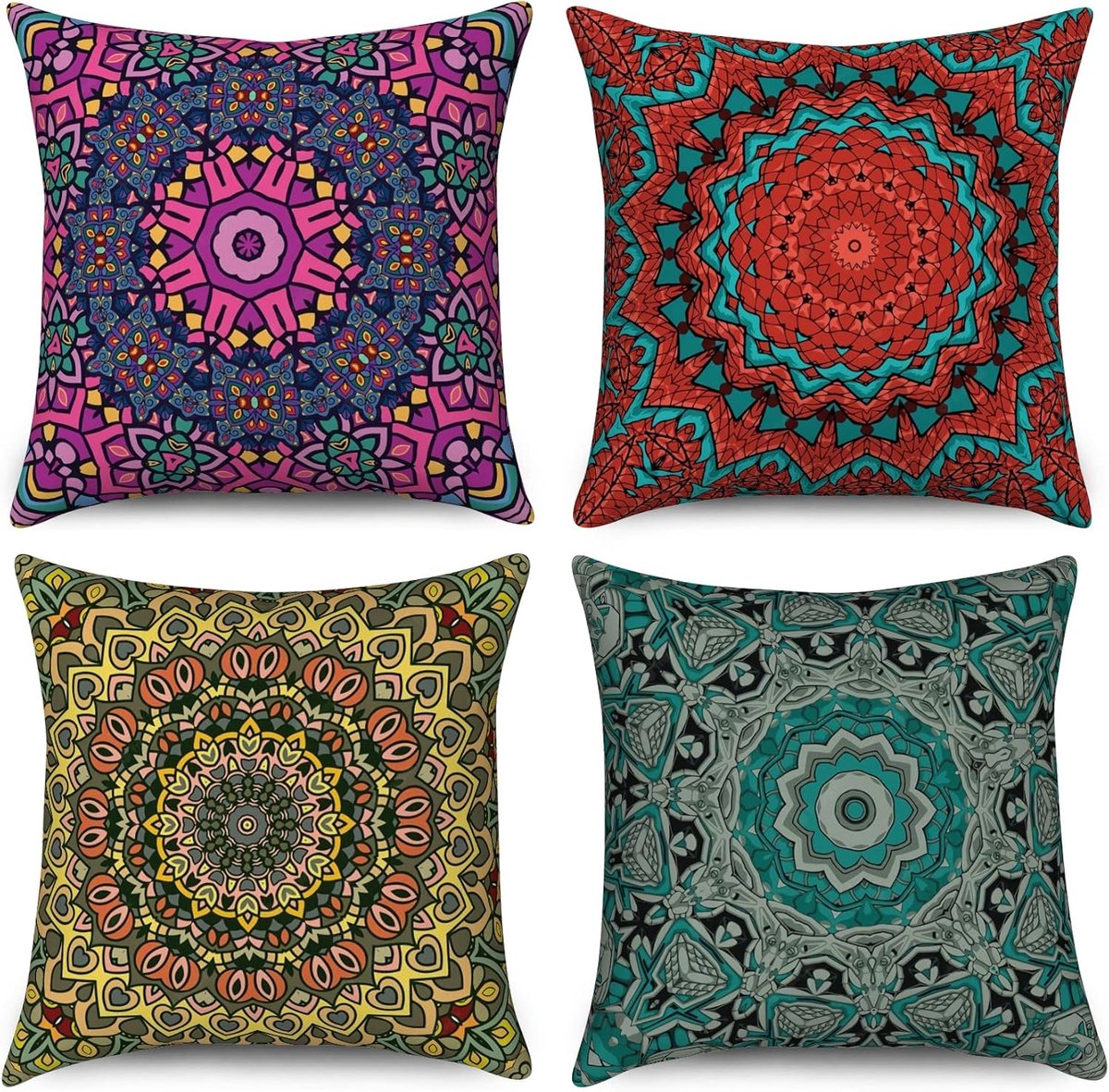 SnelShoppen - Kussensloop Boho 40 x 40 cm, set van 4 retro bloemen mandala kompas medaillon decoratieve kussenslopen Bohemian hippie kleurrijke linnen