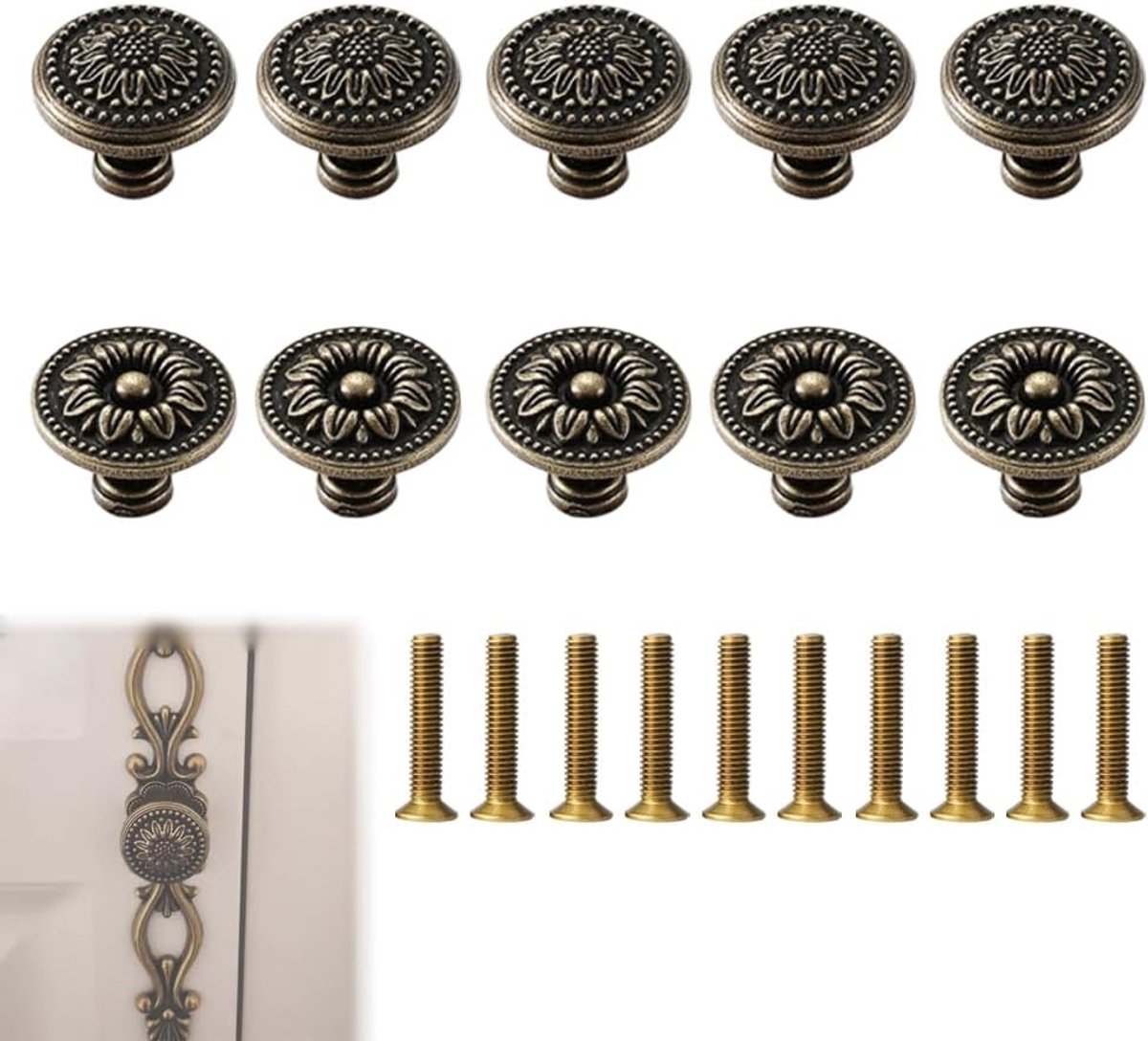 Vintage Kastknoppen in Antiek Brons, Retro Deurgrepen, 10 Stuks, Meubelaccessoires en Decoratie