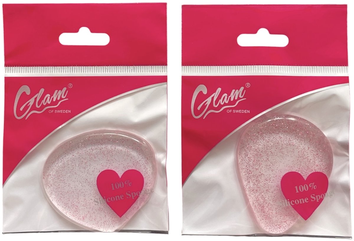 Glam Of Sweden - Set met 2 - Siliconen Spons - Smalle Druppel en Brede Druppel - Transparant met Roze Glitters - In Blisterverpakking