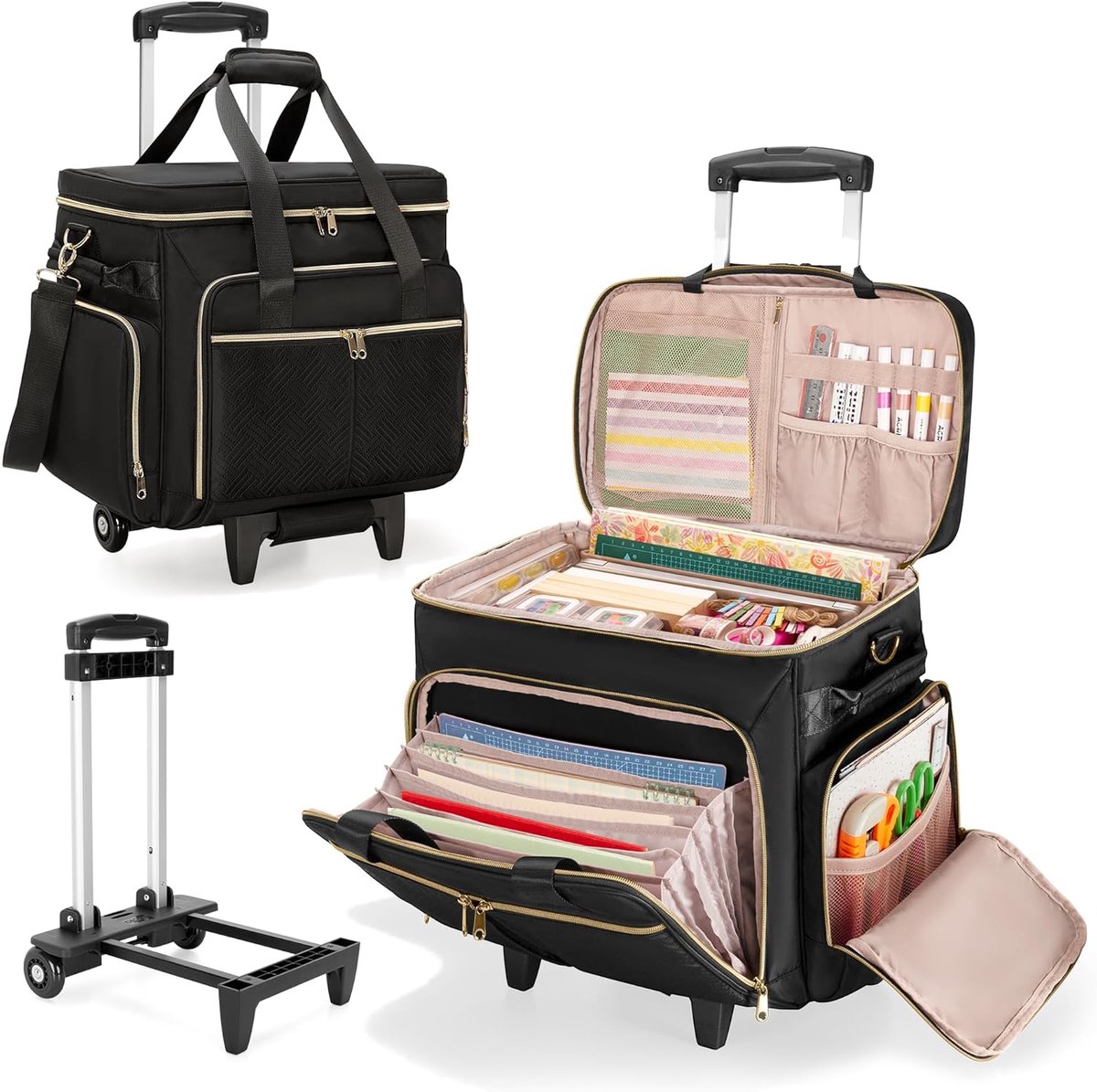 Rolling Scrapbook Bag, Storage Tote with Wheels, Craft Cart Organizer with Detachable Trolley for Artist Crafter - ShopVlot