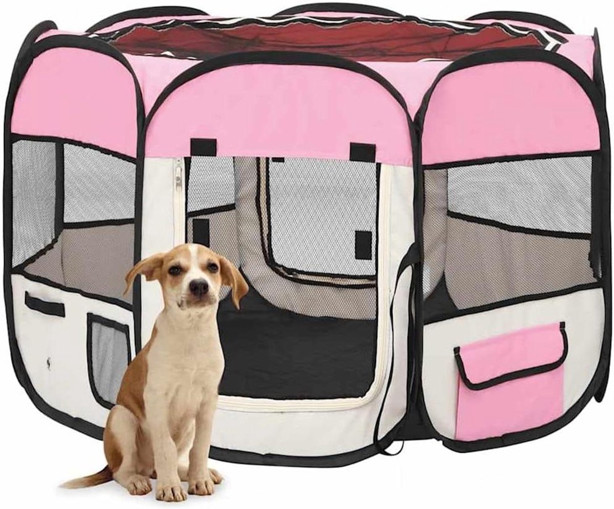 Opvouwbare puppyren - Hondenbox reizen - Veilig verblijf huisdier - Met draagtas - 90 x 90 x 58 cm - Roze