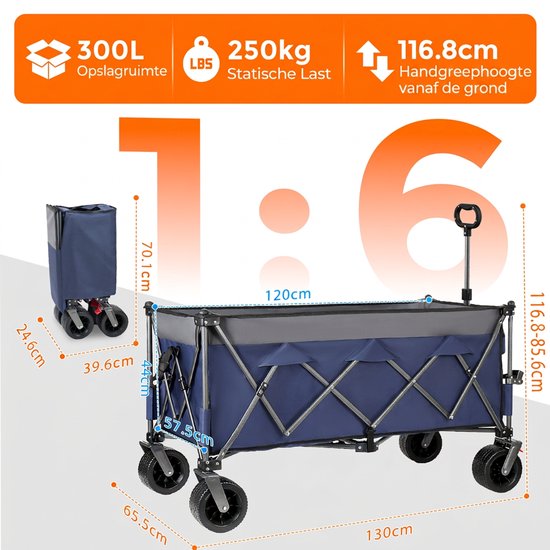 Opvouwbare Bolderkar - Transportkar - Strandkar - Tuinkar - 300L Volume - 250kg Draagkracht - Brede Wielen - Opklapbaar - Strand En Camping - 120x57,5x44cm - 1 Stuk - Blauw van Opvouwbare Bolderkar — afbeelding 2