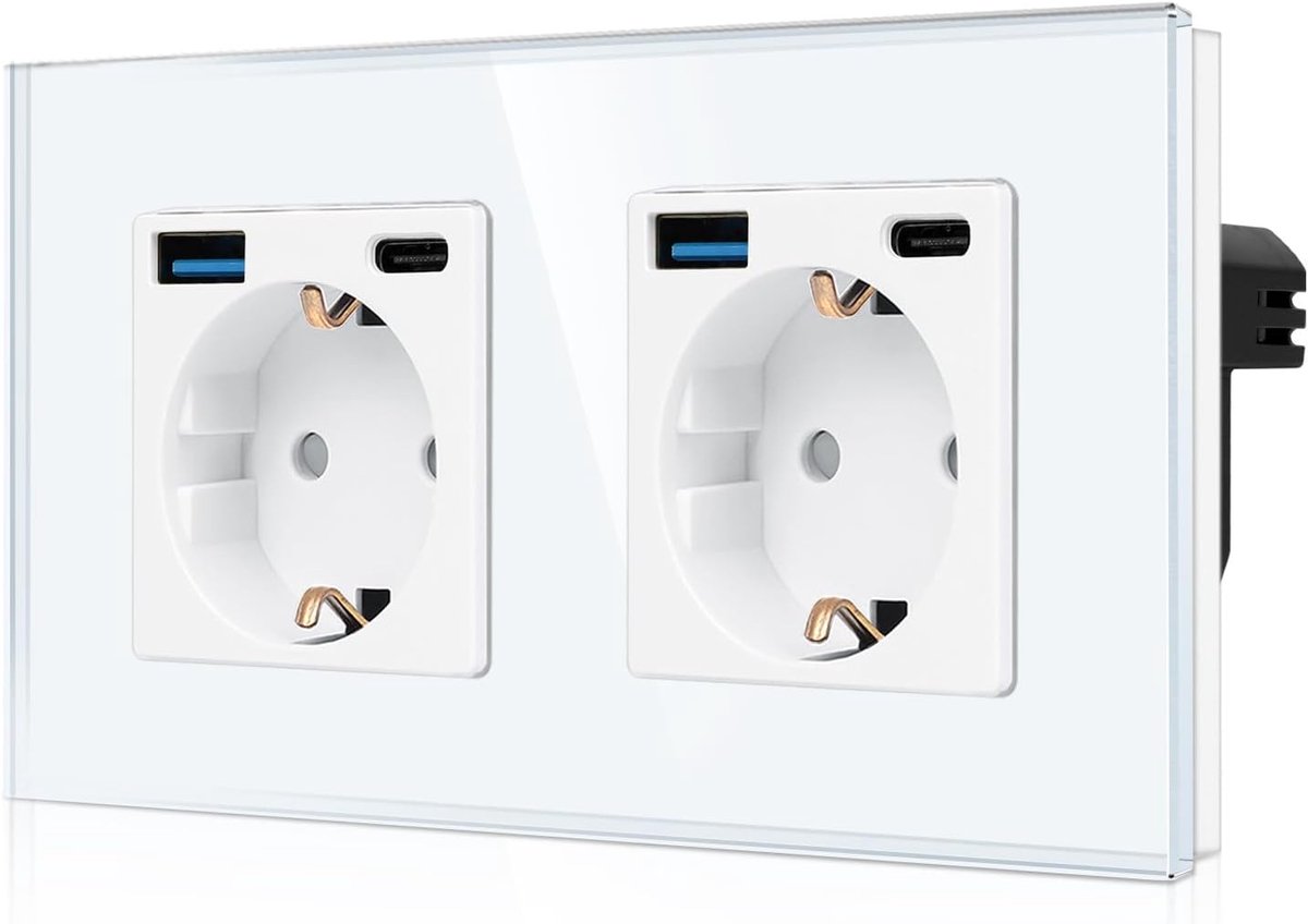 Dubbel Stopcontact met 2 USB-C en 2 USB-A Poorten, Snelladen 20W, Glazen Inbouwstopcontact, Standaard Geaard, Witte Wandcontactdoos met Kinderbeveiliging