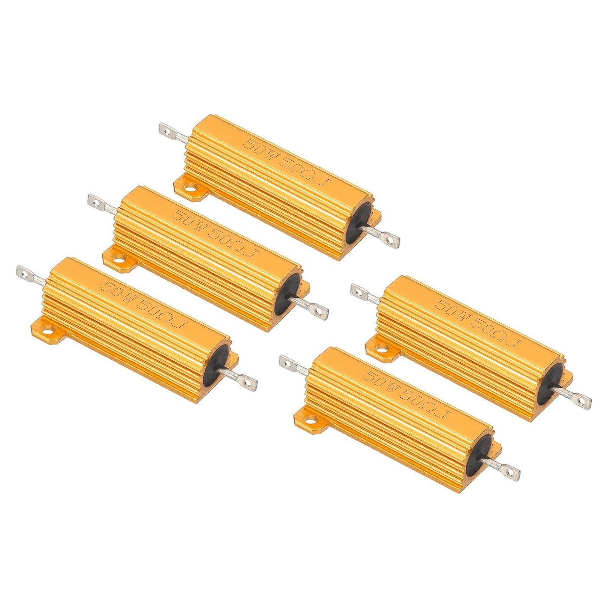 50 W 50 Ohm aluminium behuizingsweerstand, 5 stuks aluminium behuizingsweerstanden behuizing met schroefgewikkelde draadweerstanden, weerstand, prestatie tolerantie van 5%, verguld