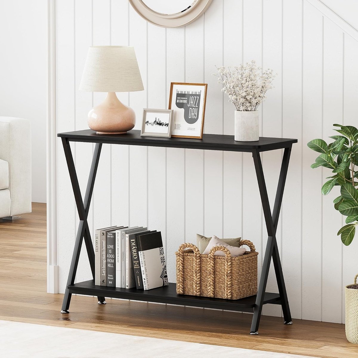 Industriële smalle consoletafel voor entree en achter de bank – slanke banktafel met 2 opbergplanken, metalen frame accenttafel voor de gang