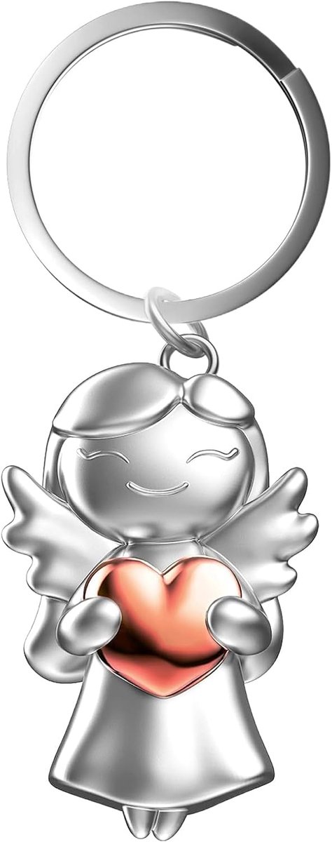 sleutelhanger, engel met hart, geluksbrenger, beschermengel, geluksbrenger, sleutelhanger als cadeau-idee voor vriendin en vrouwen (roségoud), zilver, Eén maat