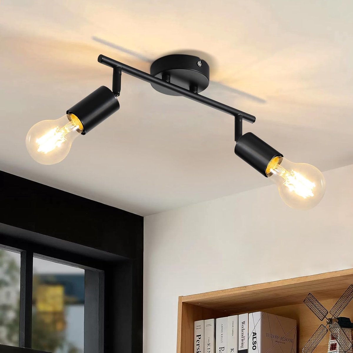 Plafondlamp Zwart Plafondlamp 2 Vlammen - E27 Plafondspot Vintage | Hal Spot Draaibaar 350° Spots Industriële keukenlamp voor keuken woonkamer slaapkamer (zonder gloeilamp)