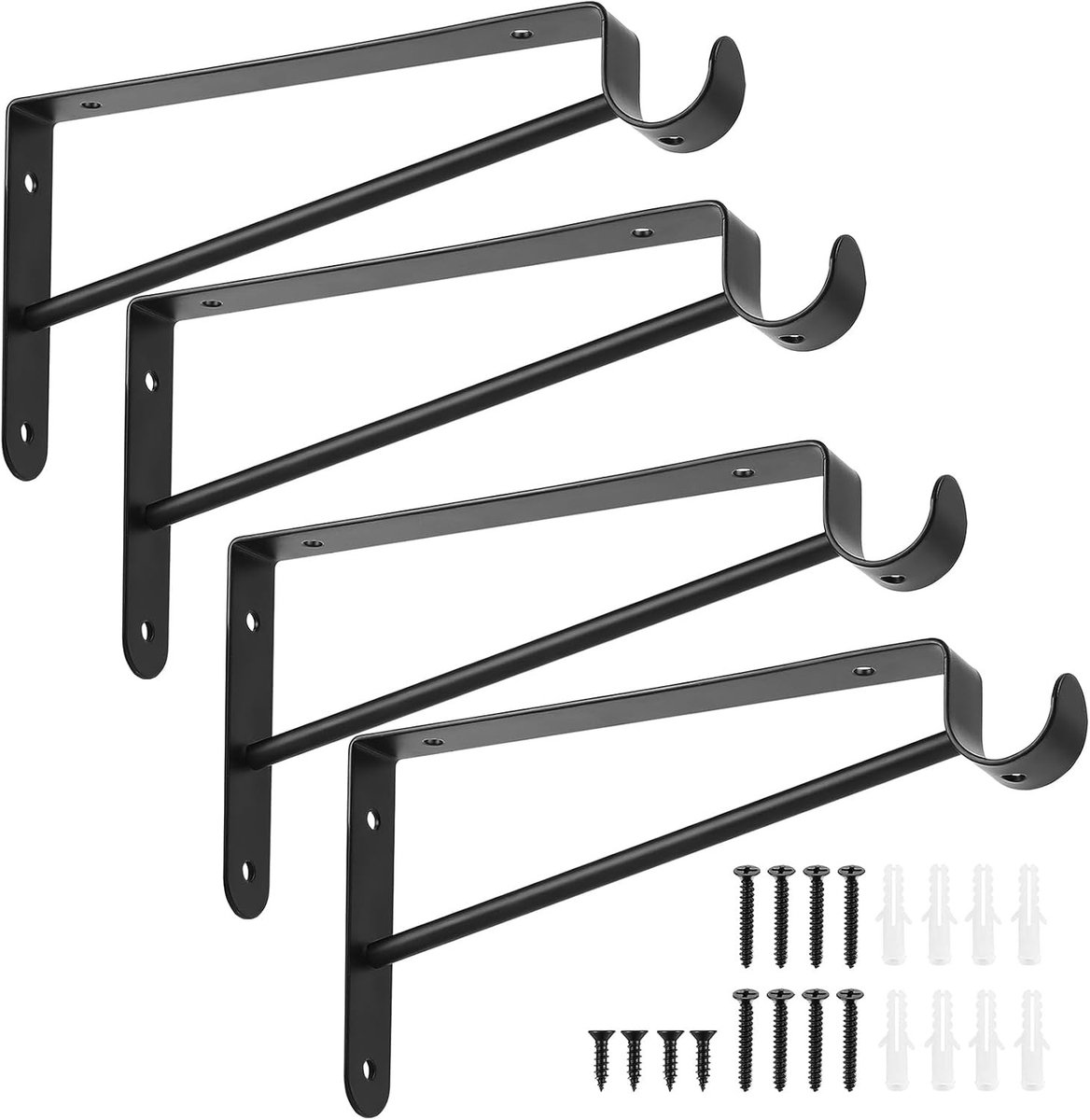 Set van 4 Triangulaire Planksteunen met Posthouder, Wandgemonteerde Hoeksteunen voor Kast en Plank, Ideaal voor Kastroede en Opbergruimte, Zwart, 20 cm