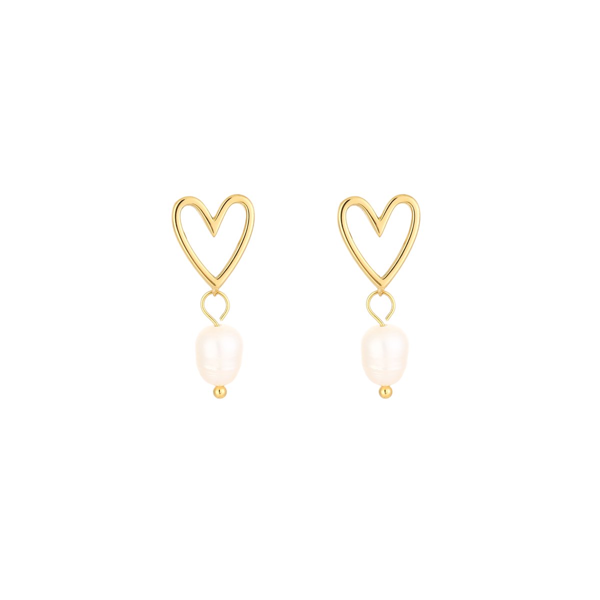Stainless Steel Cutout Open Heart Studs with Freshwater Pearl Drop – Luxe Opengewerkte Hart Oorstekers met Zoetwaterparel – RVS - Goud