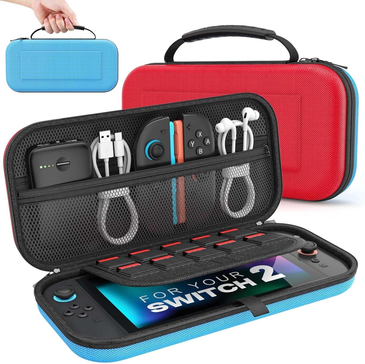 Draagtas voor Nintendo Switch 2 - Beschermende Hard Shell, Reisopbergtas met Ruimte voor 10 Cartridges en Accessoires, Rood Blauw - Ideaal voor Gaming en Bescherming