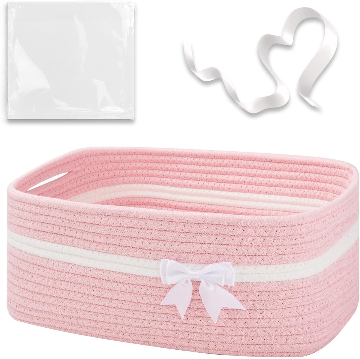 Grote gevlochten opbergmand in roze met strik, transparante tas en handvatten voor slaapkamer, badkamer en speelgoedopslag, 34 x 15 x 25 cm