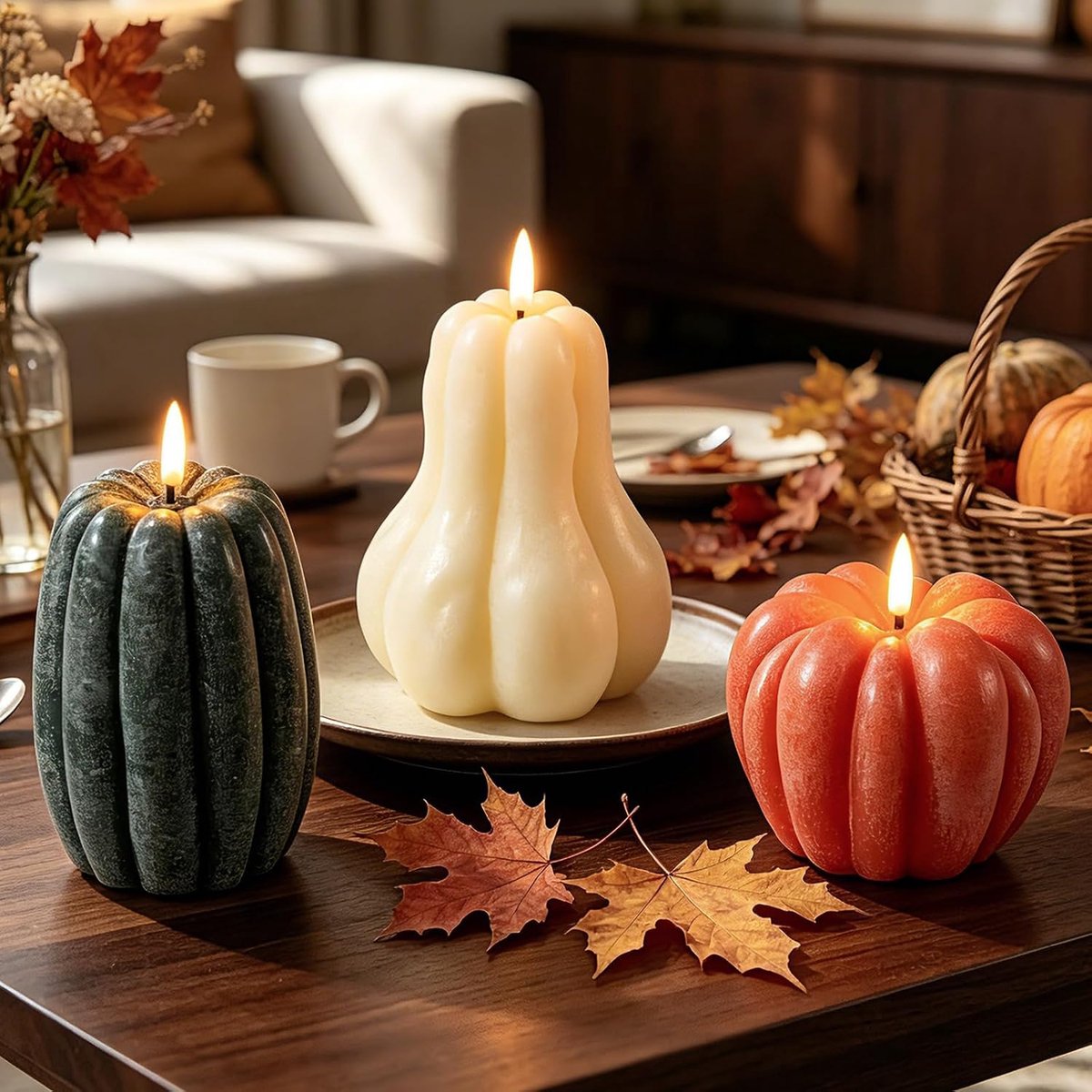 SnelShoppen - 3 Stk Flammenloze Kerzen met Fernbedienung, Echte Wachskerzen, 3D Flackerflamme Kürbis Kerzen voor Herfst, Halloween en Landhuis Decorat