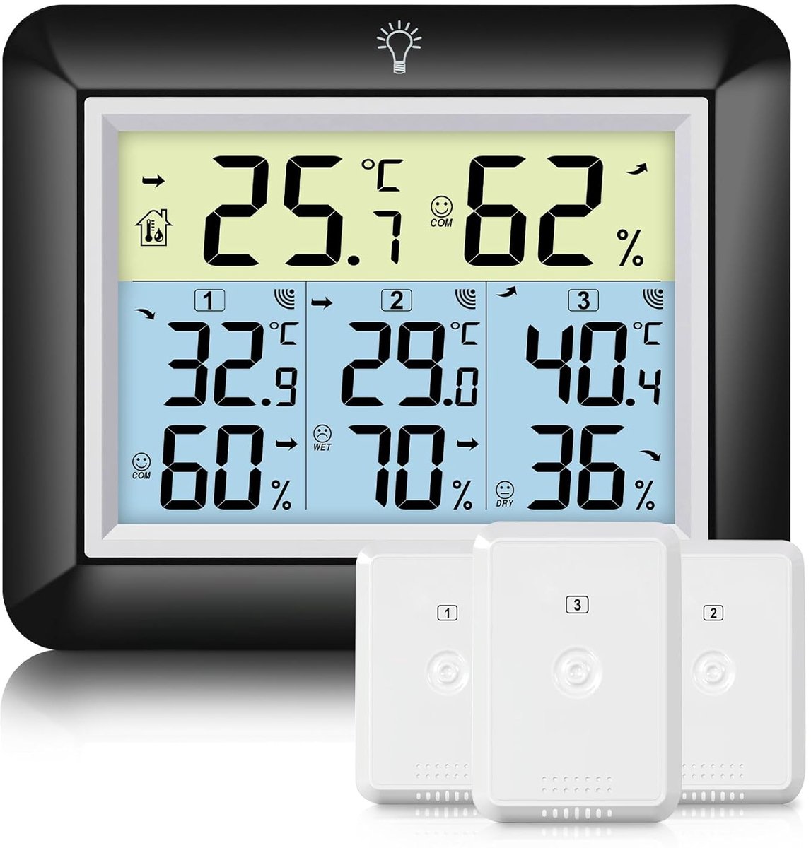 SnelShoppen - Draadloze thermometer met 3 buitensensoren, weerstation met 100 m bereik, digitale hygrometer, groot LCD-display, mini-/max-opname, eenv