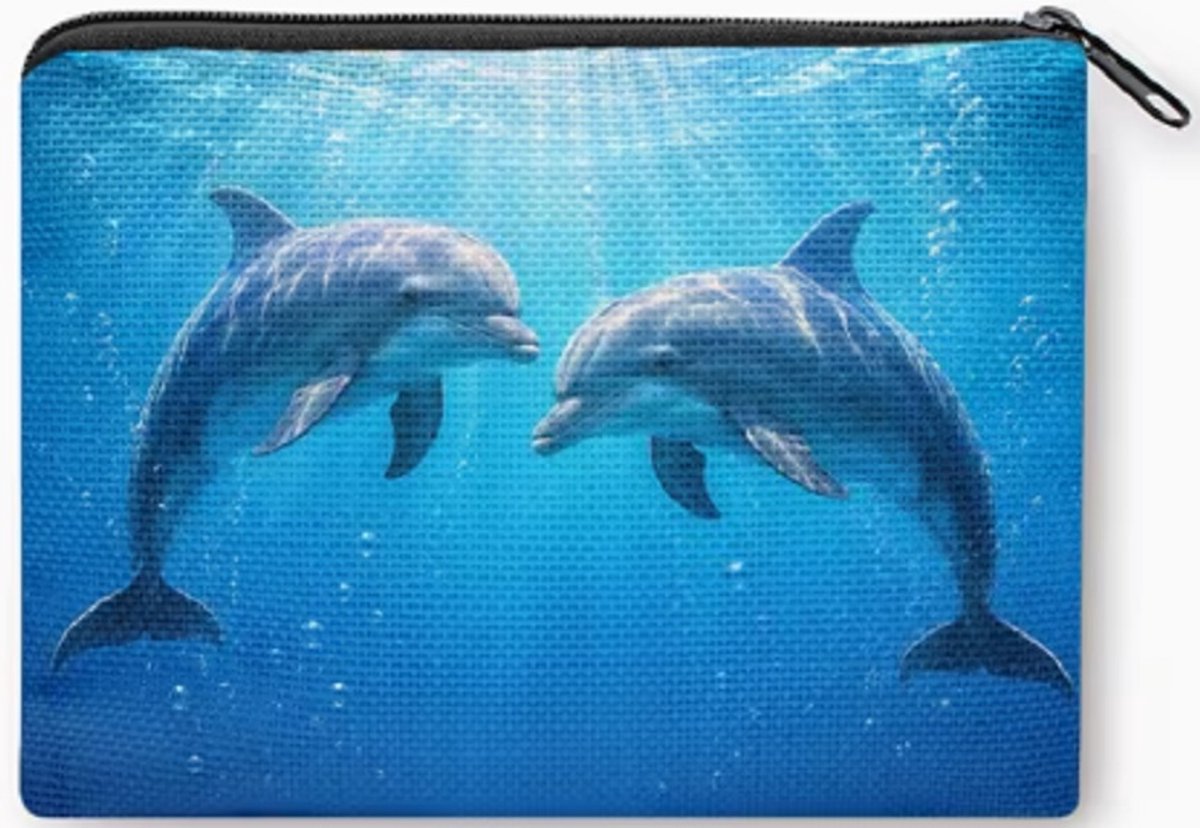 Gemakkelijk om erbij te hebben, dit handige rits portemonneetje 10x14cm. Een mooie afbeelding van twee dolfijnen die onderwater zwemmen. Erg leuk om voor jezelf te kopen of om cadeau te geven. Ook leuk bij Sinterklaas, Kerst of vakantie.