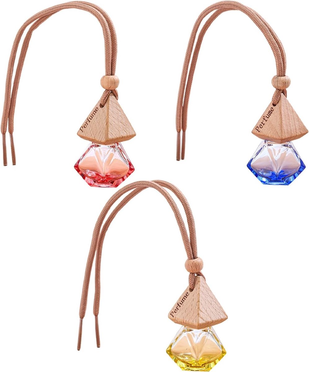 Set van 3 glazen geurflessen voor in de auto - Lege luchtverfrisser met aromatherapie, geurverspreider en decoratieve hanger in kleurrijk design