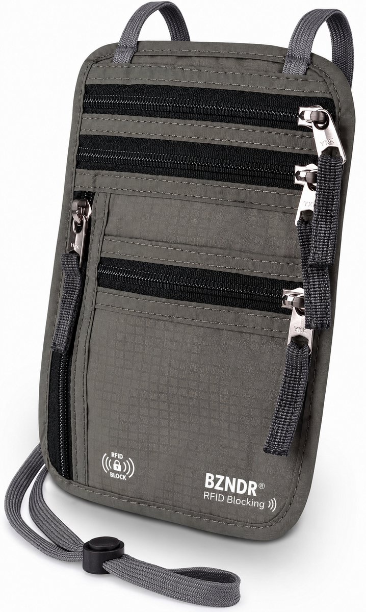 BZNDR® Nektasje met RFID Bescherming – Paspoorttasje – Crossbody Reistasje – Verstelbaar – Grijs