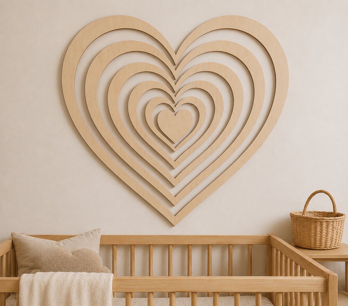 Houten Hart Wanddecoratie 3D | Modern Hart Design | 50 x 50 cm | 5 mm Multiplex | Scandinavische Woondecoratie | Natuurlijke Houtkleur / babykamer/ baby