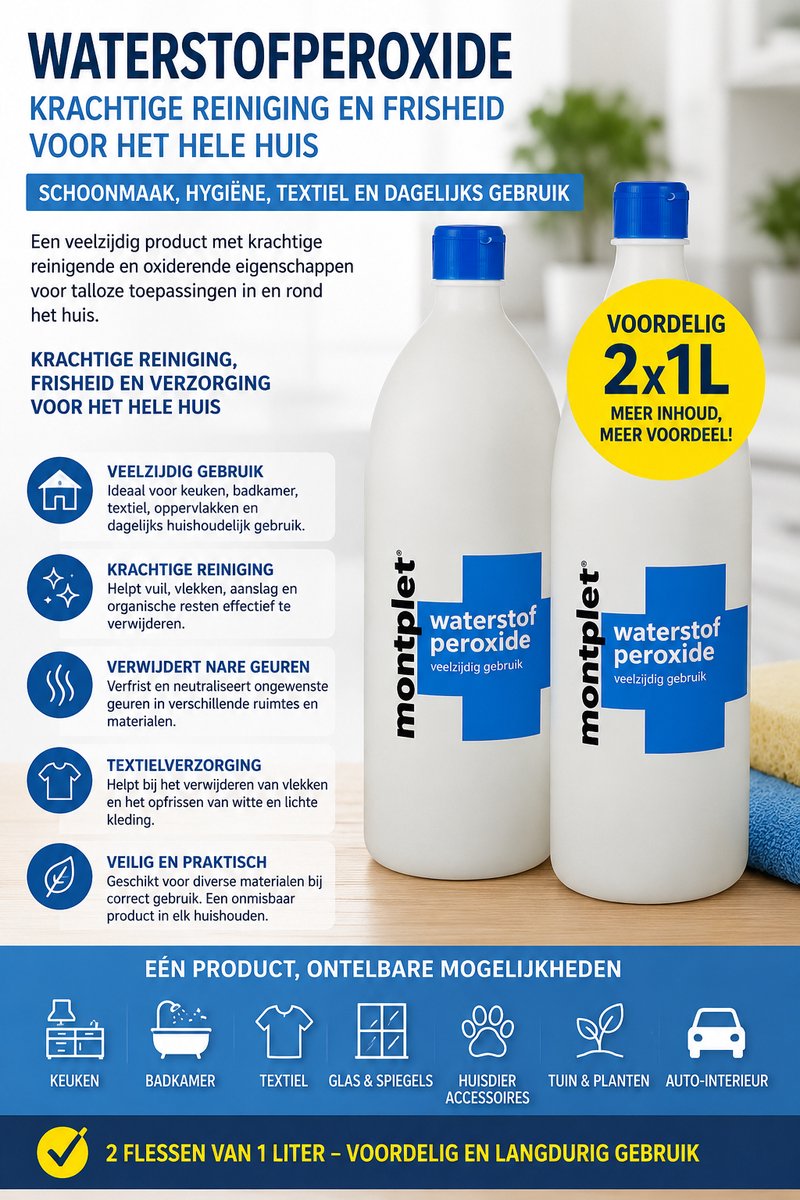 2 LITER WATERSTOFPEROXIDE AGUA OXIGENADA KRACHTIGE REINIGER VOOR SCHOONMAAK, HYGIËNE EN VLEKVERWIJDERING. HELPT BIJ HET VERWIJDEREN VAN VUIL, NARE GEUREN EN VLEKKEN. IDEAAL VOOR KEUKEN,BADKAMER,TEXTIEL,OPPERVLAKKEN EN DAGELIJKS HUISHOUDELIJK GEBRUIK.