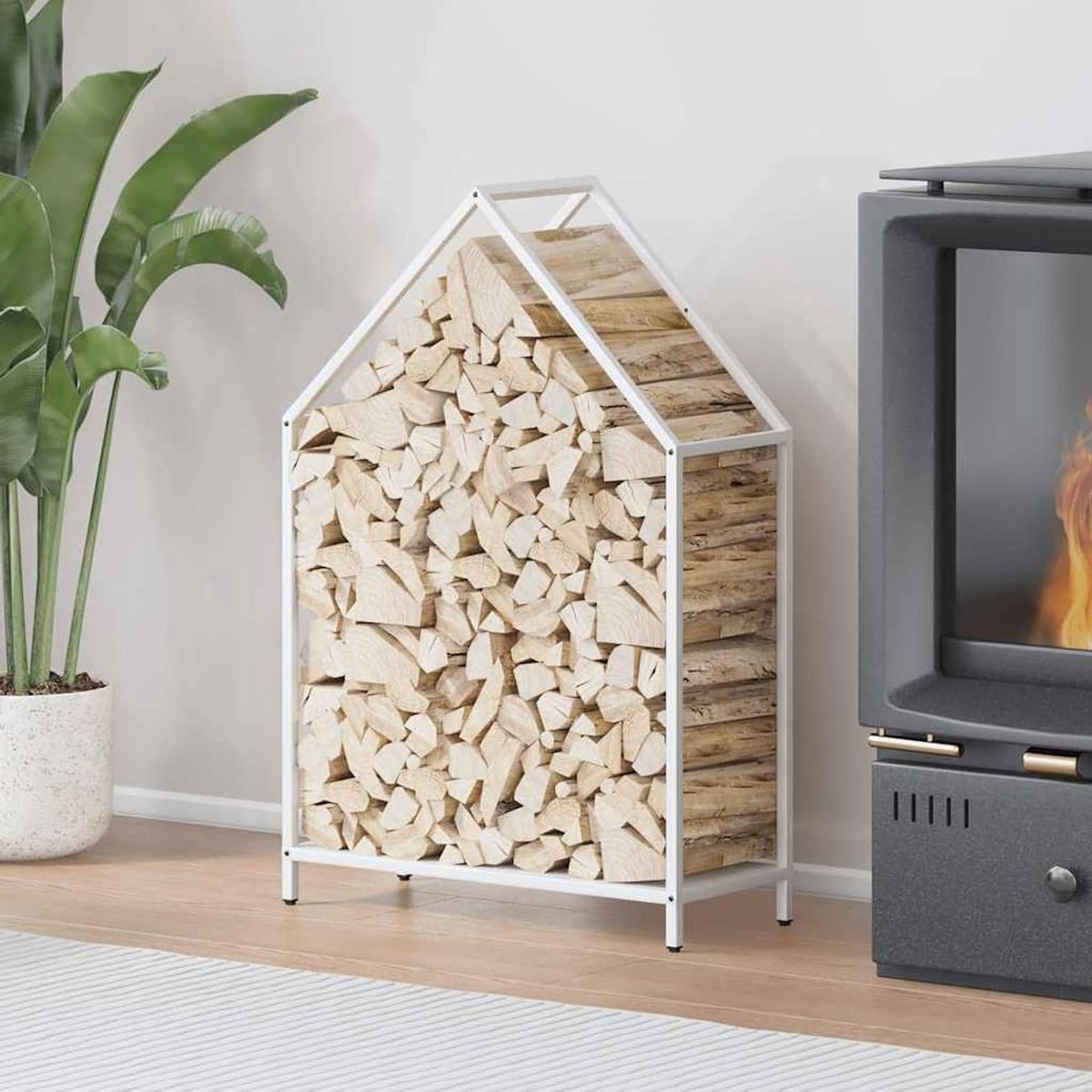 Brandhoutrek - Haardhout opslag - Haardhout opslaan - Robuuste staalconstructie - 60 x 25 x 90 cm - Wit
