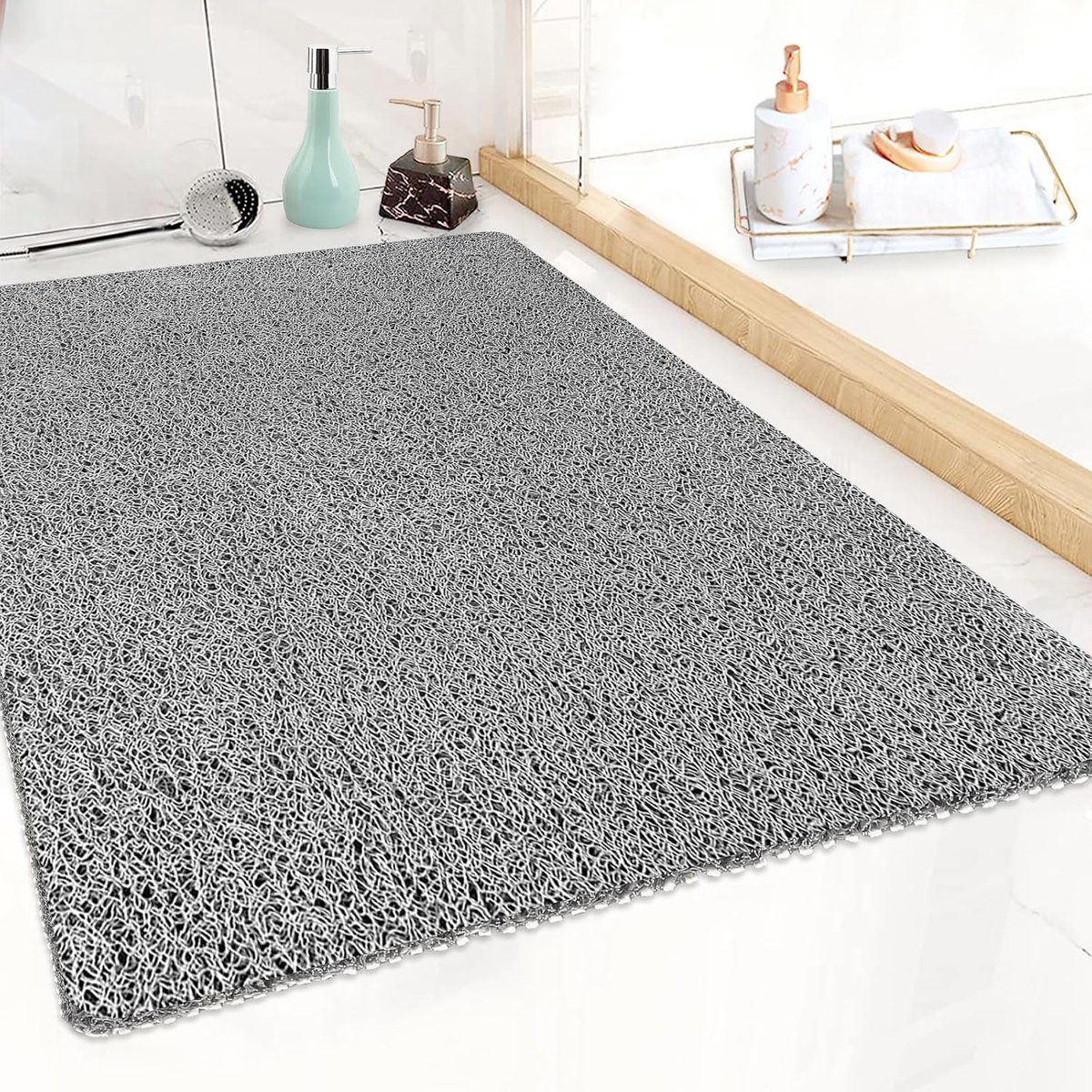 SnelShoppen - Antislip Douchemat 60 x 80 cm - Zachte PVC Loofah Badmat met Afvoergat - Veilige Massage Mat voor Senioren - Sneldrogende Badmat - Grijs