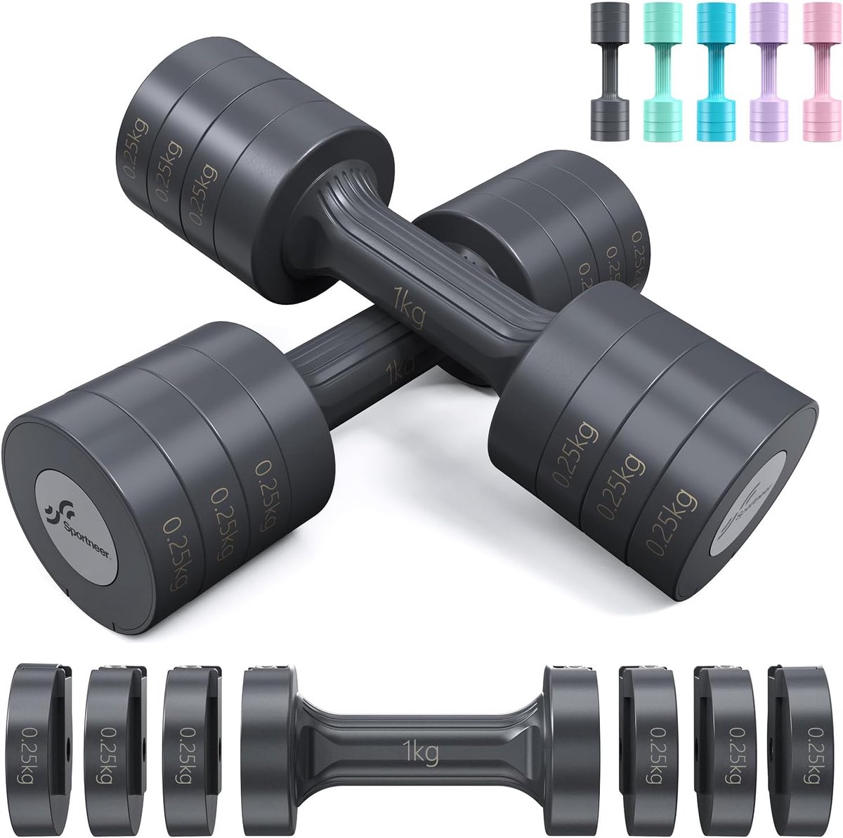 SnelShoppen - Sportneer Dumbbell Set voor Vrouwen - 4-in-1 Verstelbare Gewichten 1kg/1.5kg/2kg/2.5kg - Ideaal voor Thuis Gym, Fitness Training, Carbon