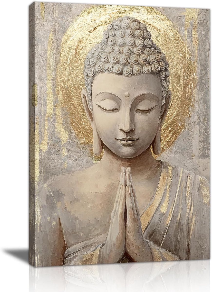 SnelShoppen - Canvas Wanddecoratie Gouden Boeddhabeeld - 30x40 cm - Spirituele Meditatie Kunst - Beige Religieuze Posters voor Yoga, Spa, Woonkamer