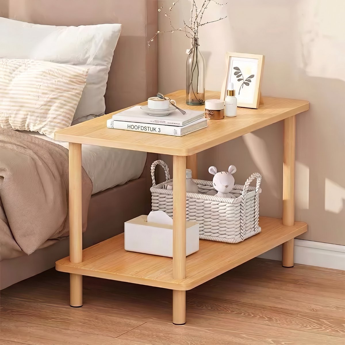 Rechthoekige bijzettafel met 2 niveaus - houtlook in naturel walnoottint - 60 x 40 x 53 cm - draagvermogen 30 kg - voor bank, woonkamer en kantoor