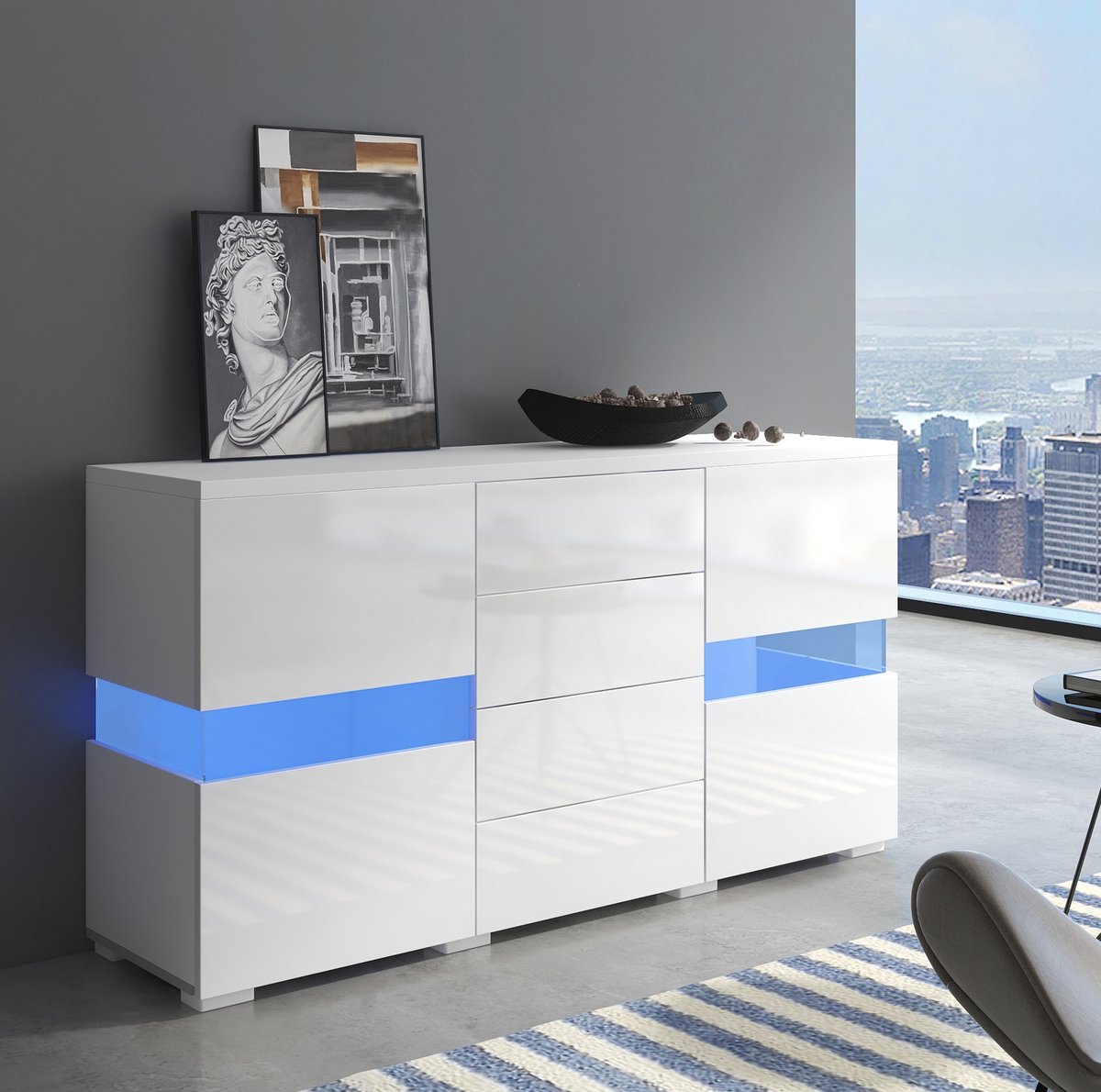 Wishdor - Dressoir - LED verlichting met 16 kleuren - 4 laden en 2 acryldeuren - modern tv meubel voor woonkamer of eetkamer - houtlook - wit - 140 x 35 x 72 cm