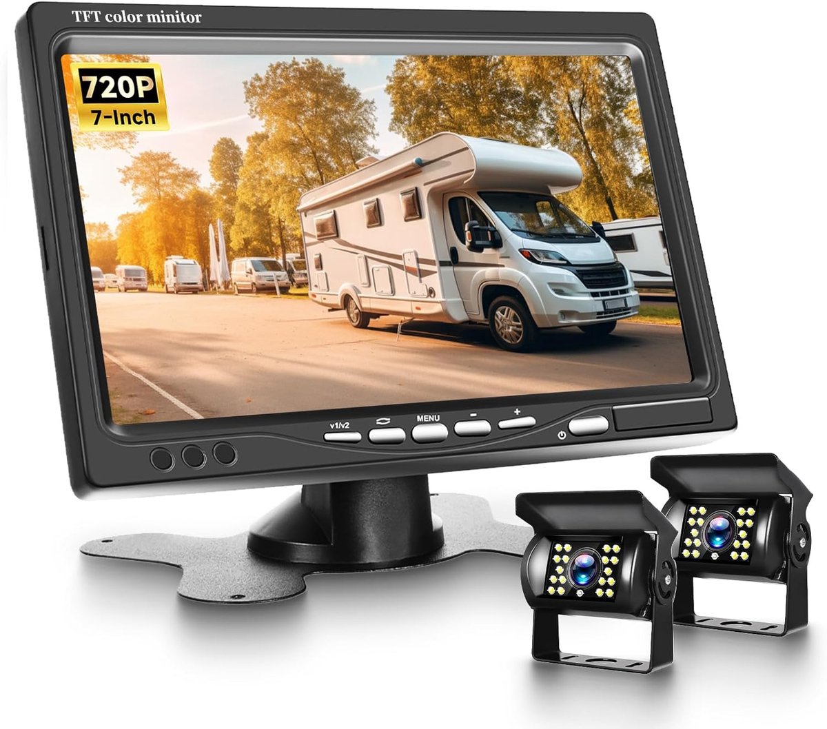 SnelShoppen - 2 x Achteruitrijcamera Set met 7 Inch TFT Monitor, Parkeerhulp, 18 LED Achteruitrijcamera, Nachtzicht, IP68 Waterdicht voor SUV, Truck,