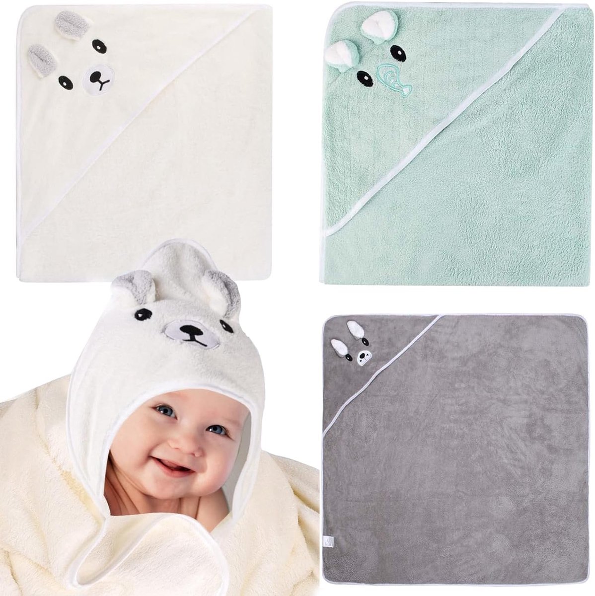 SnelShoppen - 3-delige Baby Kapdoek Set, 80x80cm, Zachte Badhanddoeken voor Kinderen, Baby Badhanddoeken van Bamboe Vezel, Schattige Dieren Ontwerp, G