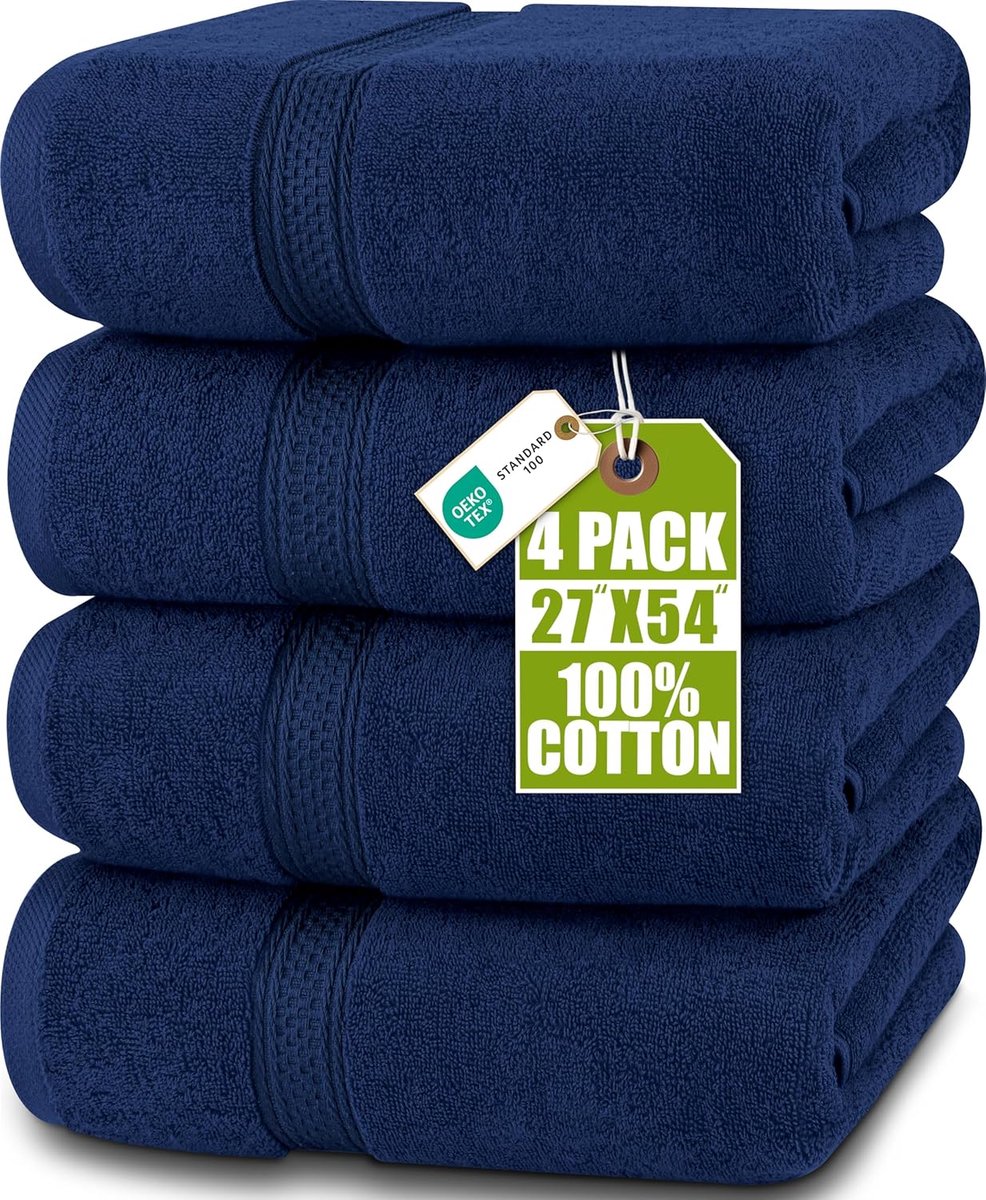 SnelShoppen - Badhanddoeken Set van 4 - Premium 100% Ring Spun Katoen - Sneldrogend, Hoog Absorberend, Zacht - 69 x 137 cm - Navy Blauw - Perfect voor