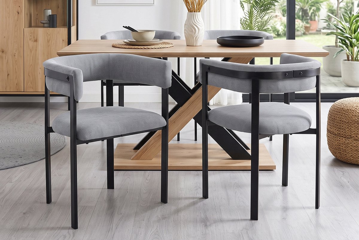 MEUNIQ Eetkamerstoel set van 6 - kuipstoel met armleuningen, chenille zitting, metalen onderstel, grijs, moderne stoel voor eetkamer en woonkamer