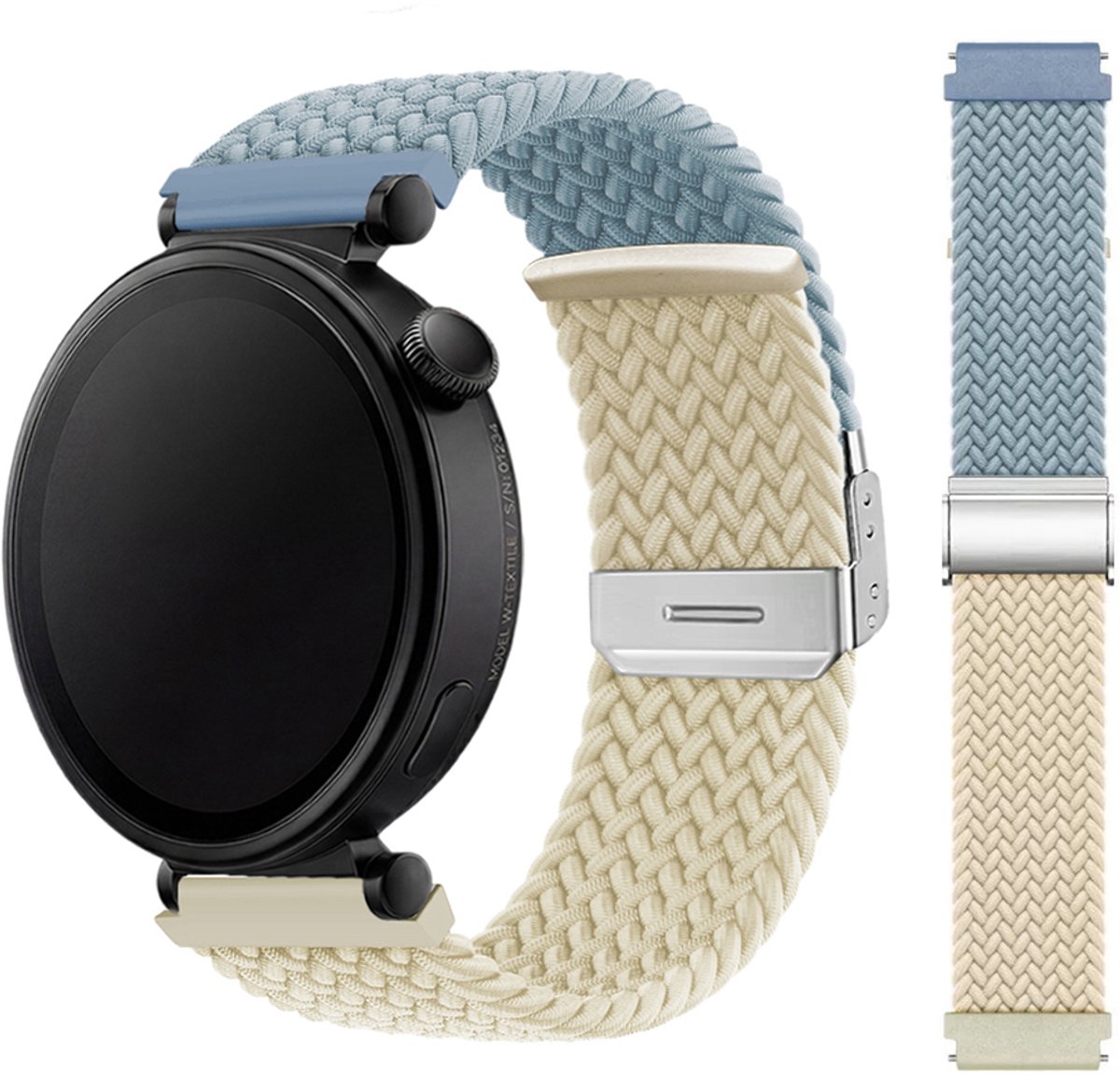 Stravo 18mm Gevlochten Nylon Bandje met Schuifsluiting – Geschikt voor Garmin Vivoactive 4S / Venu 2S / Venu 3S / Venu 4 (41mm) / Forerunner 255S / 265S – Compatibel met Huawei Watch GT 5 (42mm) / GT 5 Pro (42mm) / GT 6 (41mm) – Blauw / Starlight