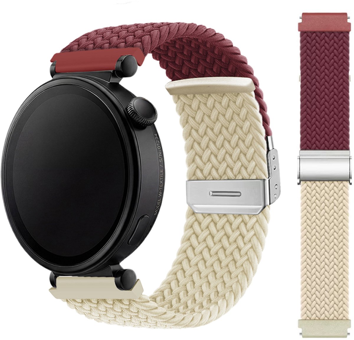 Stravo 18mm Gevlochten Nylon Bandje met Schuifsluiting – Geschikt voor Garmin Vivoactive 4S / Venu 2S / Venu 3S / Venu 4 (41mm) / Forerunner 255S / 265S – Compatibel met Huawei Watch GT 5 (42mm) / GT 5 Pro (42mm) / GT 6 (41mm) – Wijnrood / Starlight
