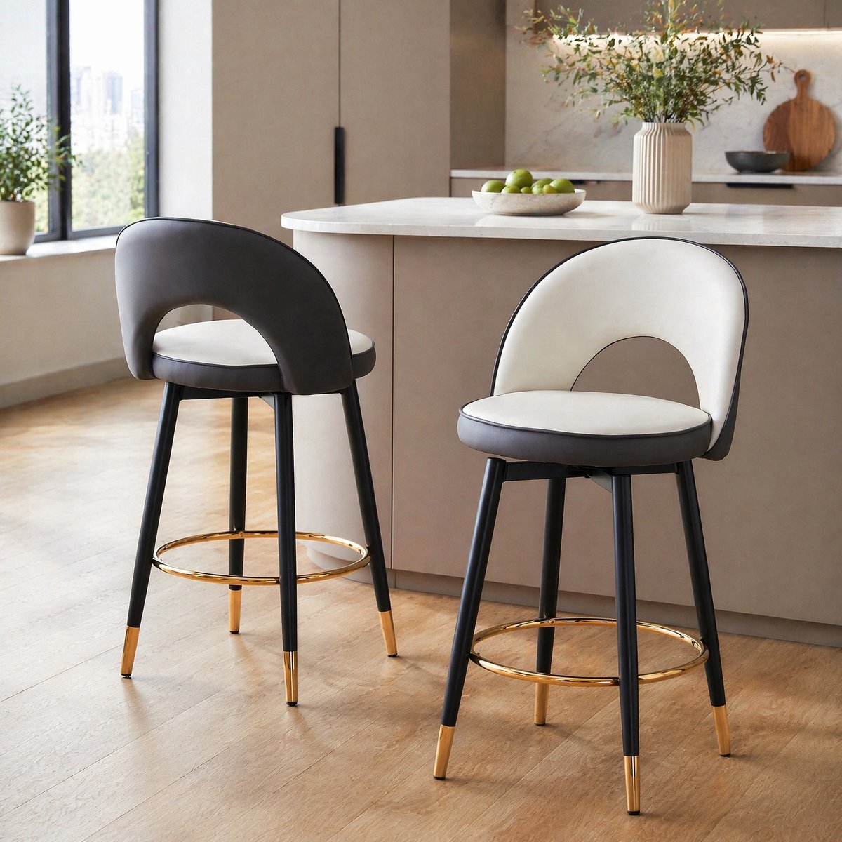 MODENUIT Barkruk 91,5 cm - 360 Graden Draaibaar Met Rugleuning - Voor Keuken - Kunstleer Donkergrijs Wit