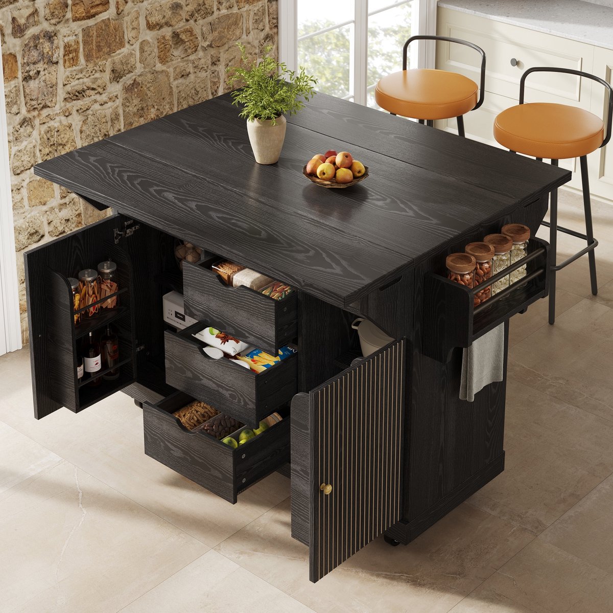 MEUNIQ keukenwagen met uitklapbare zijbladen 142,5 x 80 x 95 cm, 3 lades, verstelbare plank, handdoekstang en vergrendelbare wielen, zwart