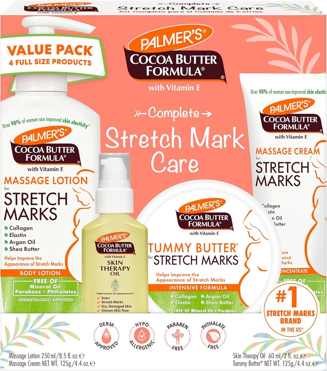 Palmer’s Cocoa Butter Formula Stretch Mark Care Set – Complete Verzorgingsset Tegen Striae – Met Cacaoboter, Vitamine E en Bio C-Elaste – Voor Tijdens en Na de Zwangerschap