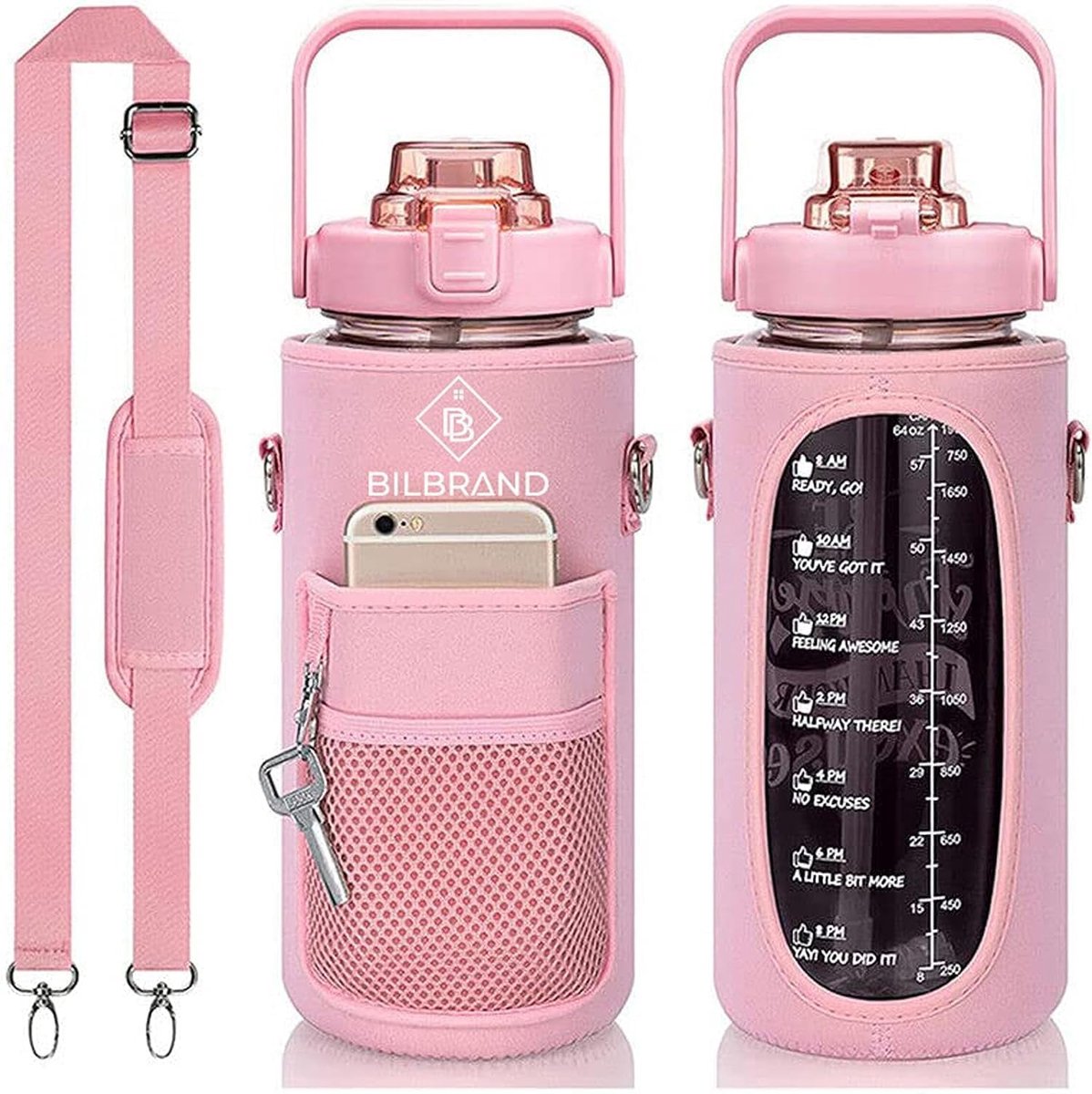 SnelShoppen - BPA-Free Water Bottle 2000 ml - Lekvrije Fles voor Sport en Vrije Tijd - Inclusief Draagtas met Verstelbare Schouderband (Roze)