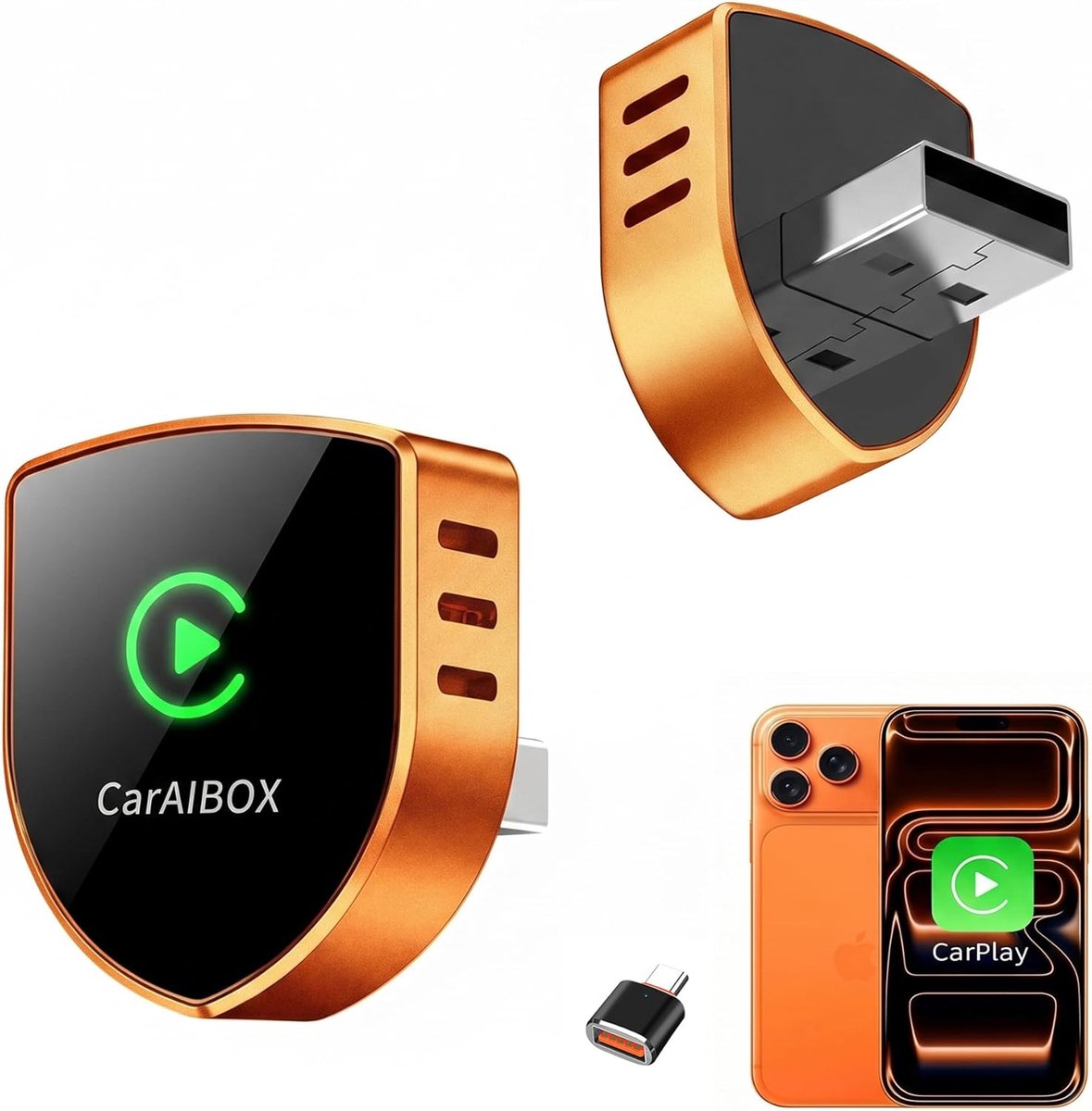 SnelShoppen - 2026 Draadloze CarPlay & Android Auto Adapter - 2-in-1 Dongle, Ultrasnelle WiFi 6, Zero Delay, USB-C, Metalen Behuizing, Titanium Oranje