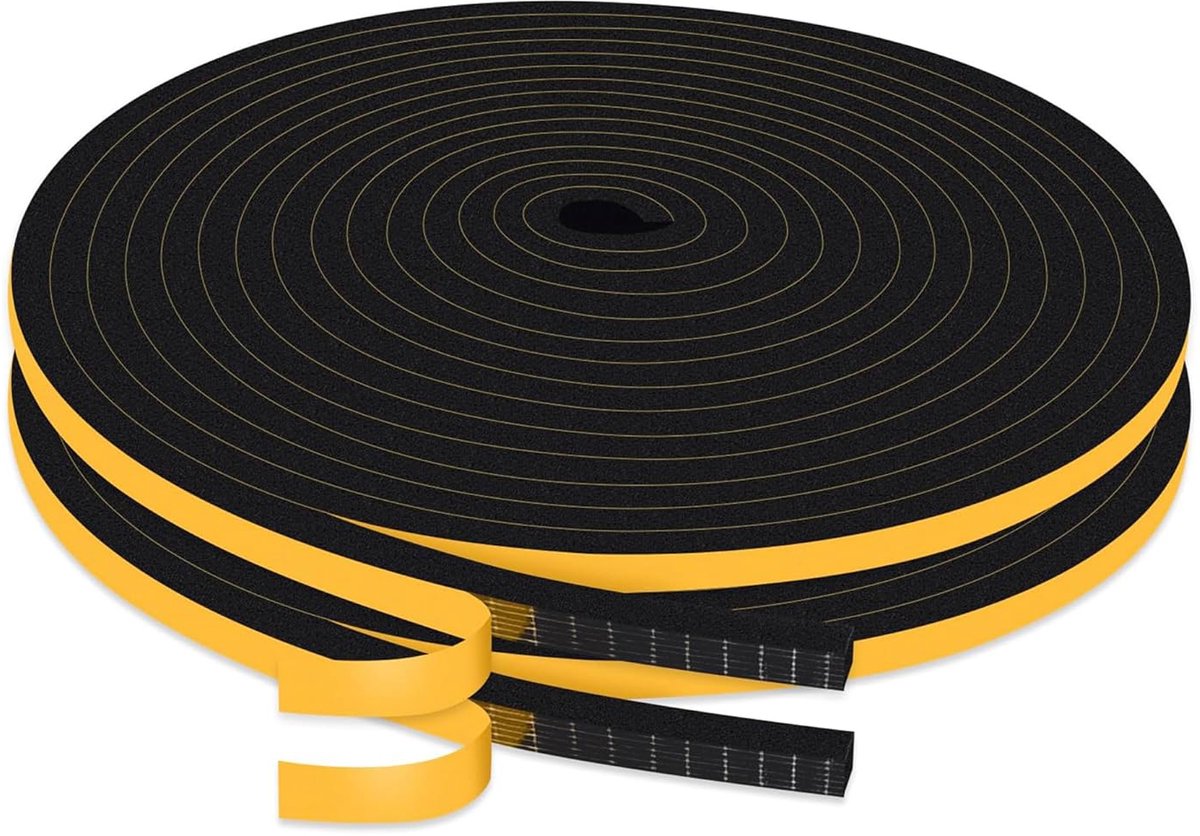 SnelShoppen - 20m Zelfklevende Isolatietape voor Deuren en Ramen, 6mm x 3mm, Zwarte Foam Strip, Geluidsisolatie en Winddicht, Neopreen, 10m x 2 Rollen