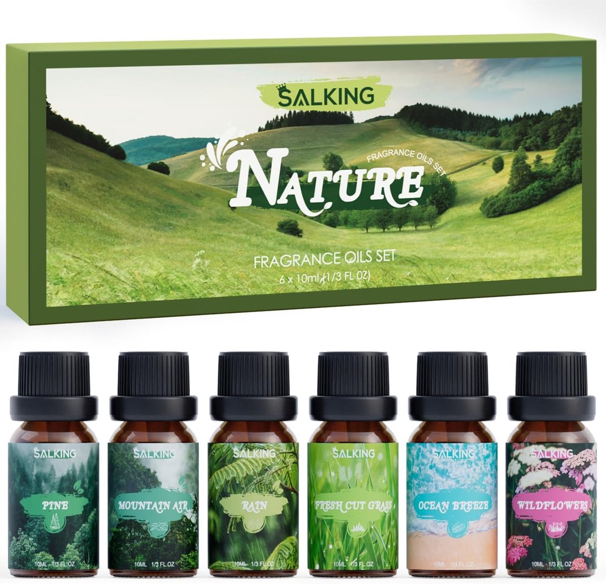 SnelShoppen - Aromatherapie Geur Oliën Set 6x10ml - Natuurlijke Essentiële Olie voor Diffuser en Luchtbevochtiger - Geuren: Zee Bries, Regen, Vers Gem