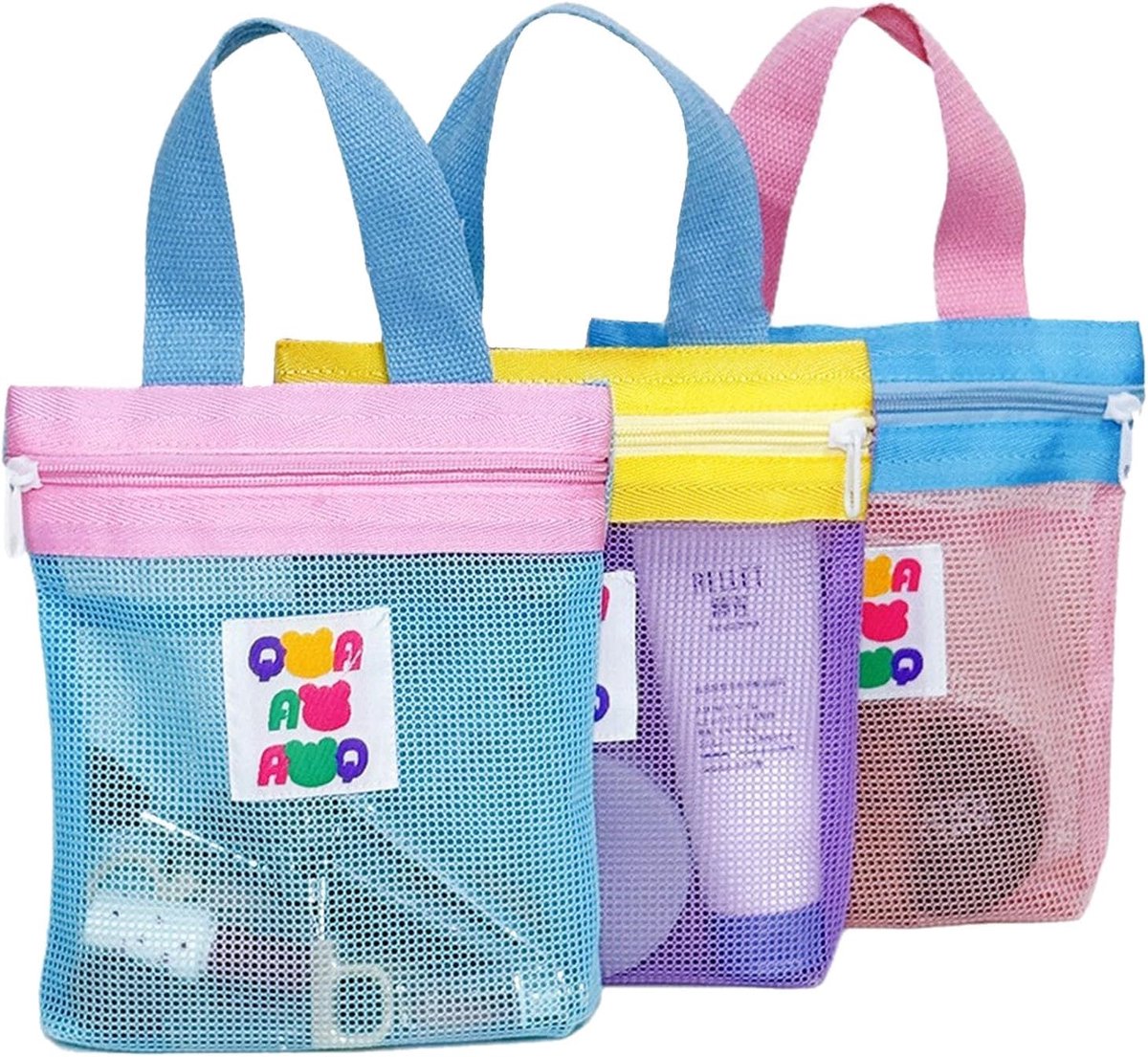 SnelShoppen - 3-delige Mesh Toilettas - Kleurige Waszak voor Douche, Strand, Gym - Hangende Reistas - Roze, Blauw, Paars - 22x20 cm - Ideaal voor Make