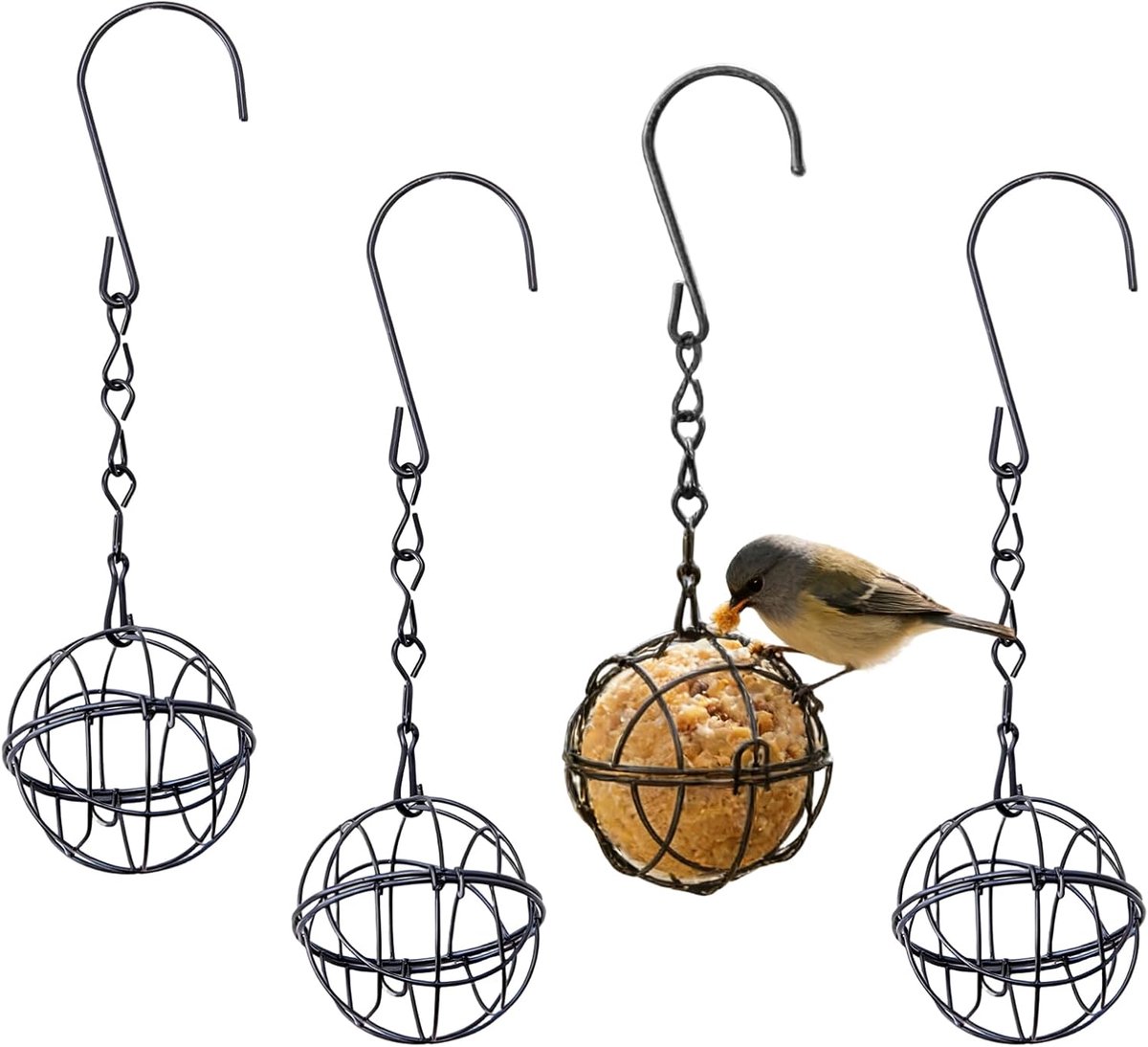 SnelShoppen - 4 Stuks Mezenbollenhouders Vogelvoederstation met Klapdeksel, Roestbestendig Metaal met S-Haken voor Wilde Vogels, Tuin, Balkon, Mussen