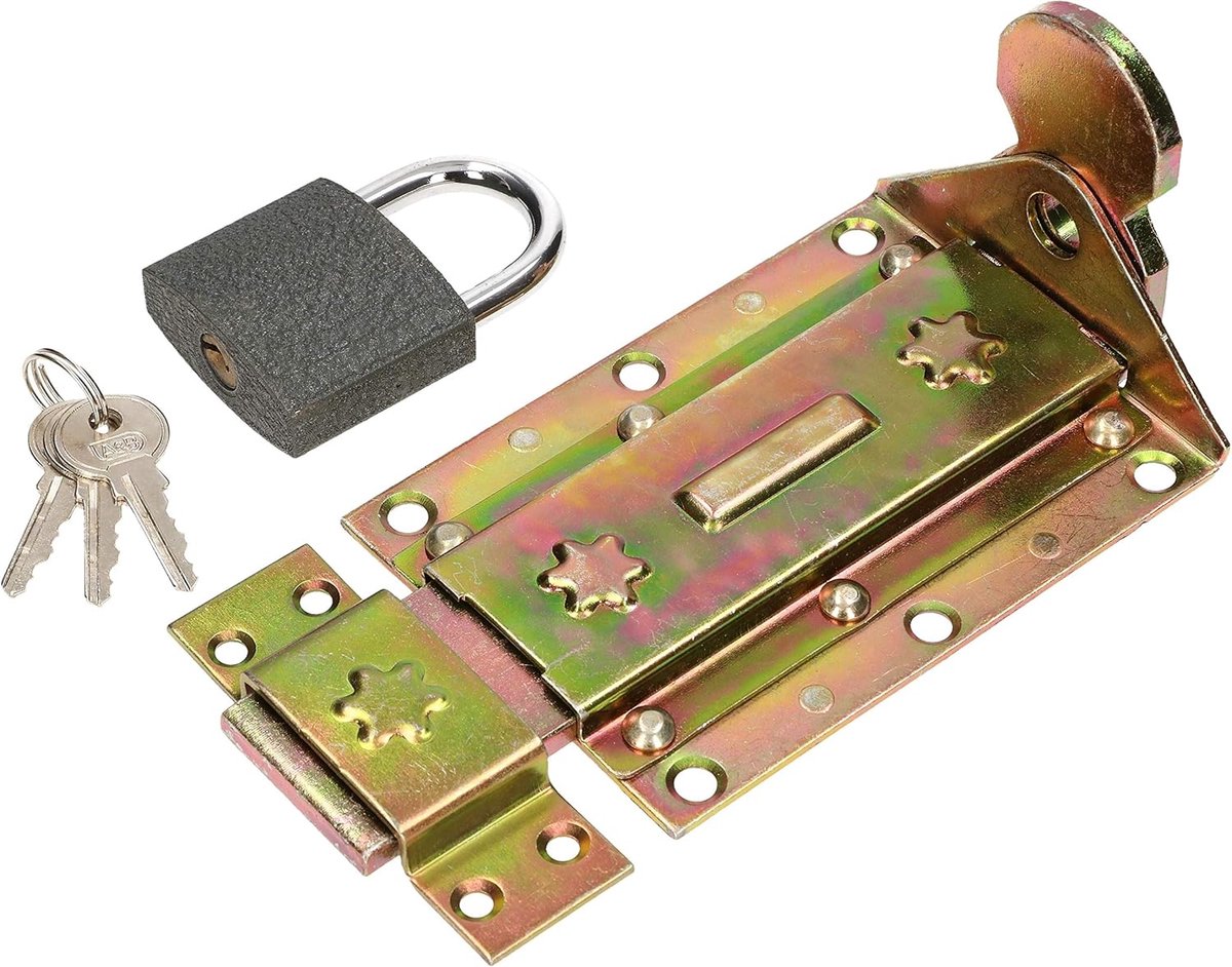 SnelShoppen - Lock latch 180 mm + solide hangslot rechthoekig geel verzinkt universeel voor poorten, deuren, garage, tuin en buitengebruik