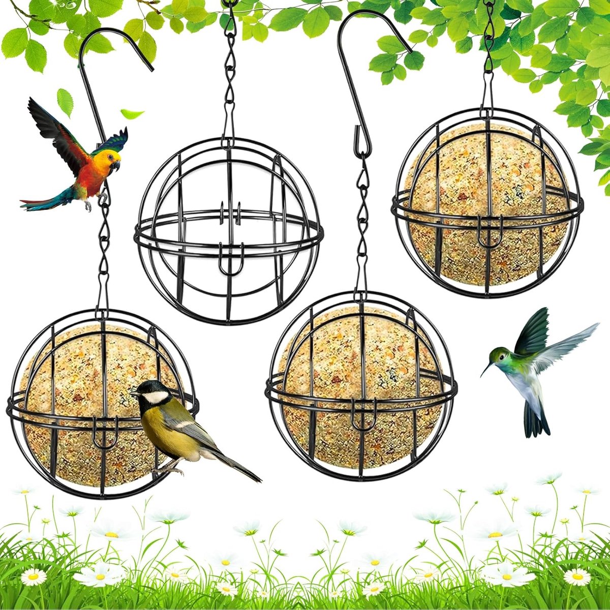 SnelShoppen - 4 stuks metalen mezenbollenhouders met S-vormige haken, vogelvoederhuis voor het voeden van wilde vogels in de tuin, tuindecoratie voor