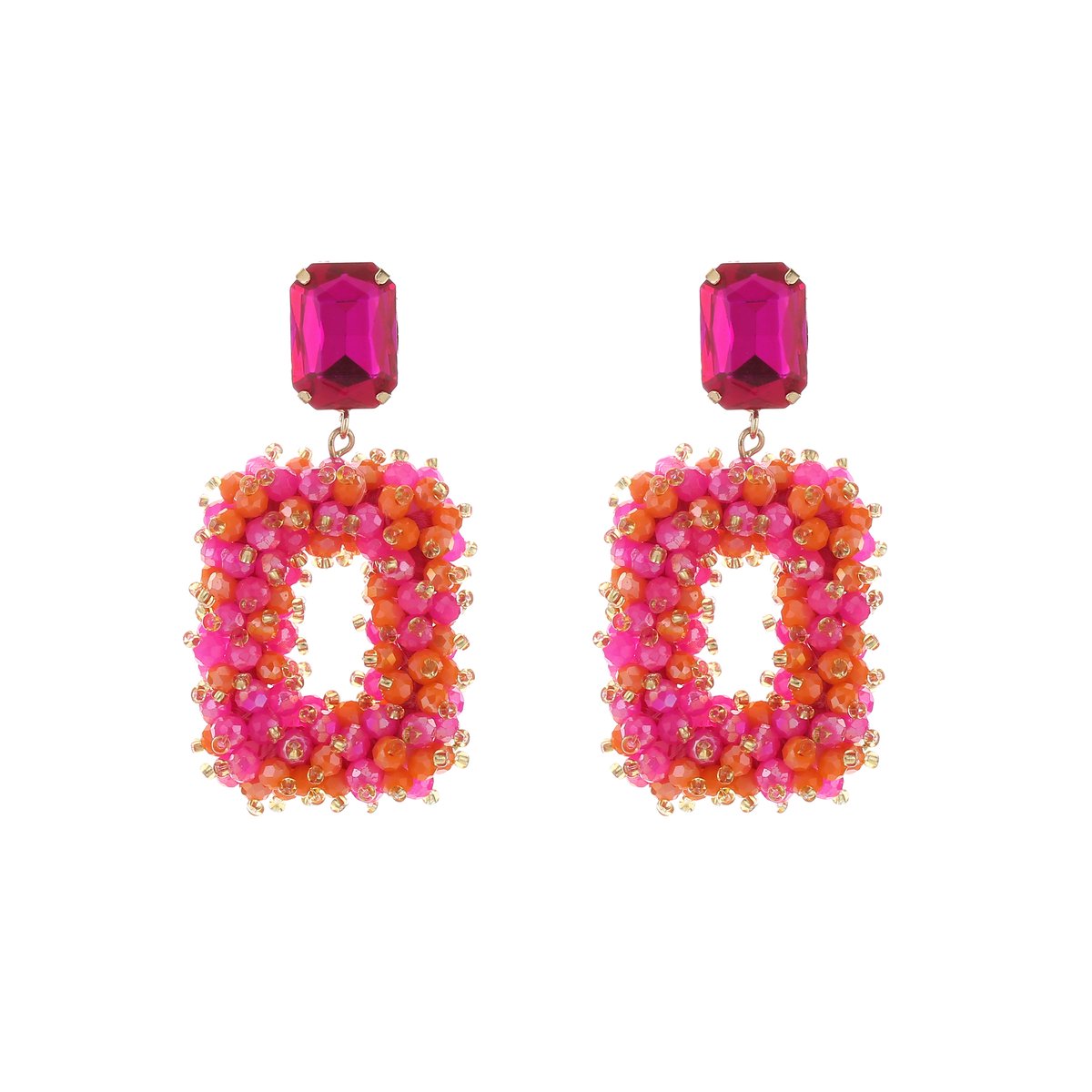 Crystal Beads Statement Oorhangers – Elegante & Glinsterende Feestelijke Oorbellen - Fushia